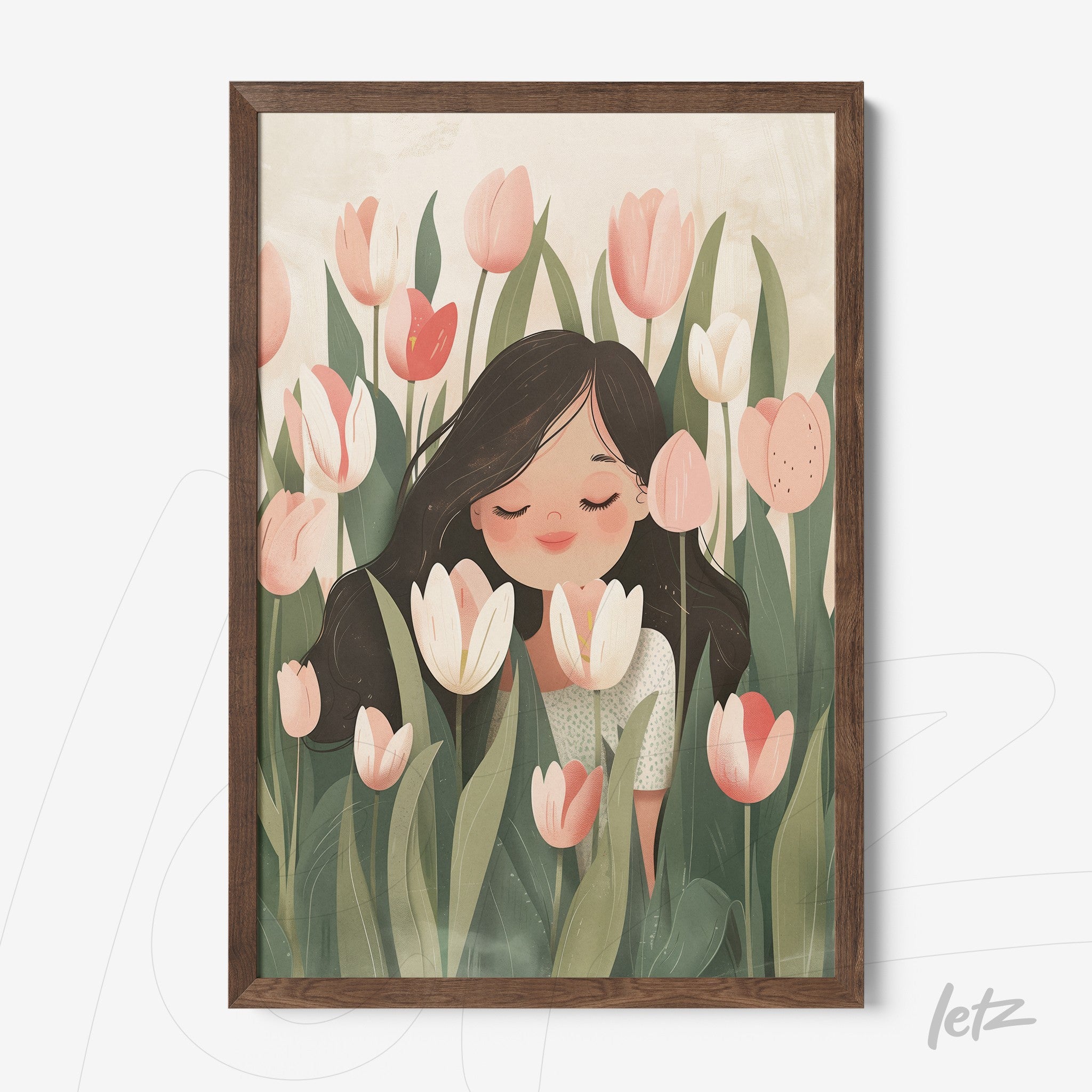 framed artwork of a smiling woman among colorful tulips in dark wood frame