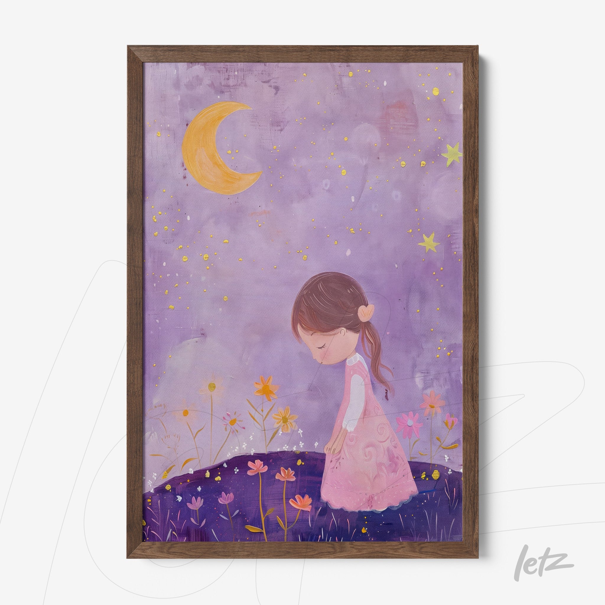 framed artwork of a girl in a pink dress against a purple background with colorful flowers and a yellow crescent moon