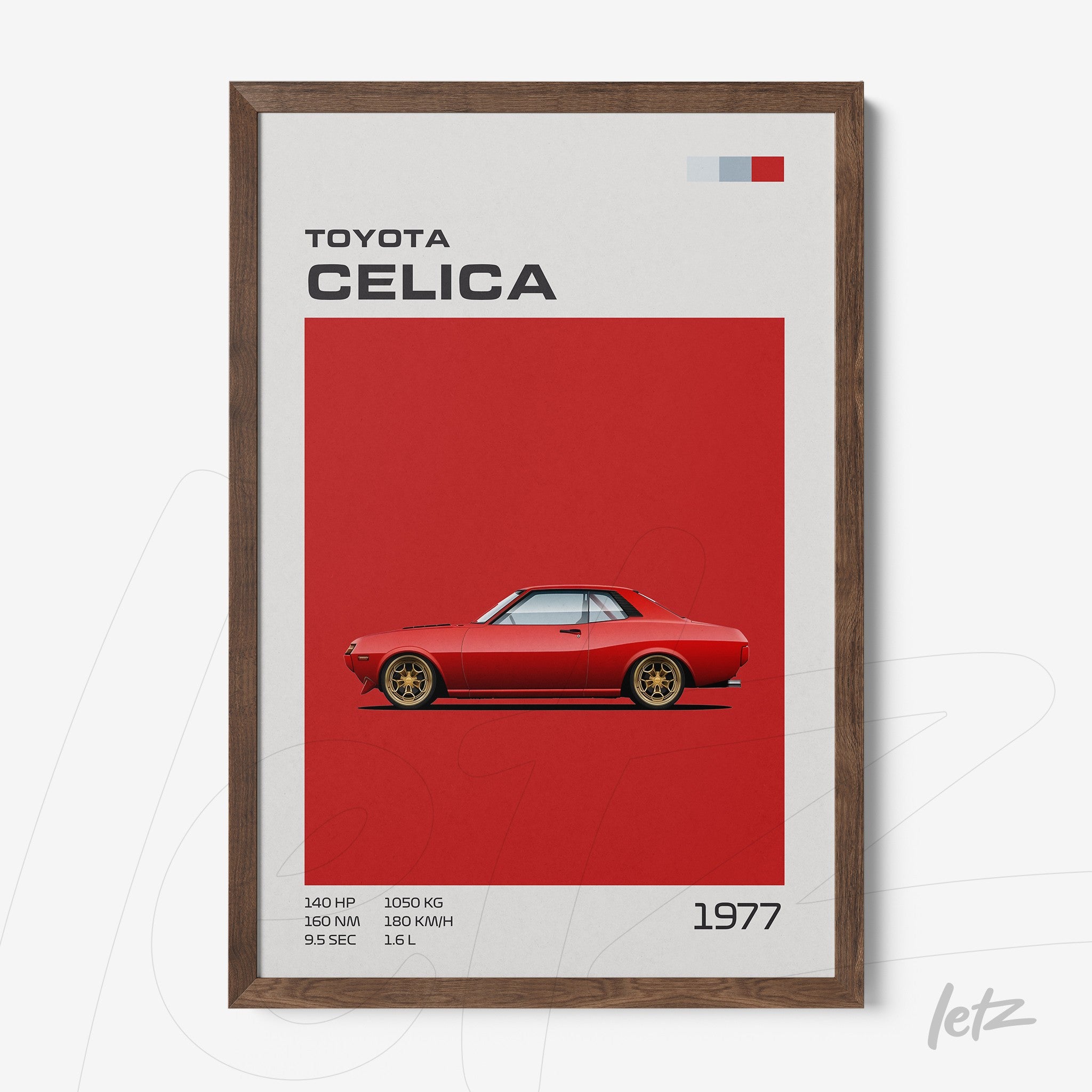 retro illustration of a 1977 Toyota Celica car on a red background with a dark wood frame