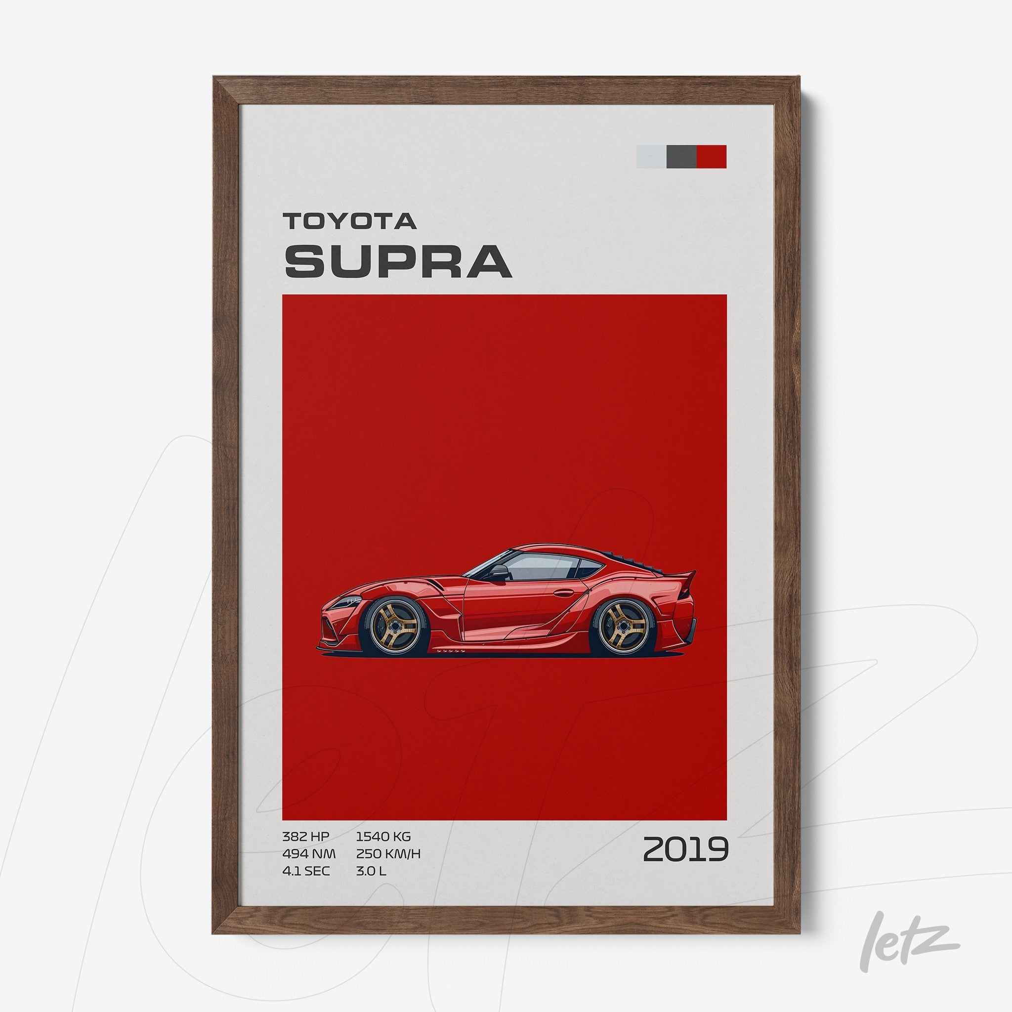 framed digital art of a 2019 Toyota Supra sports car with dark wood frame