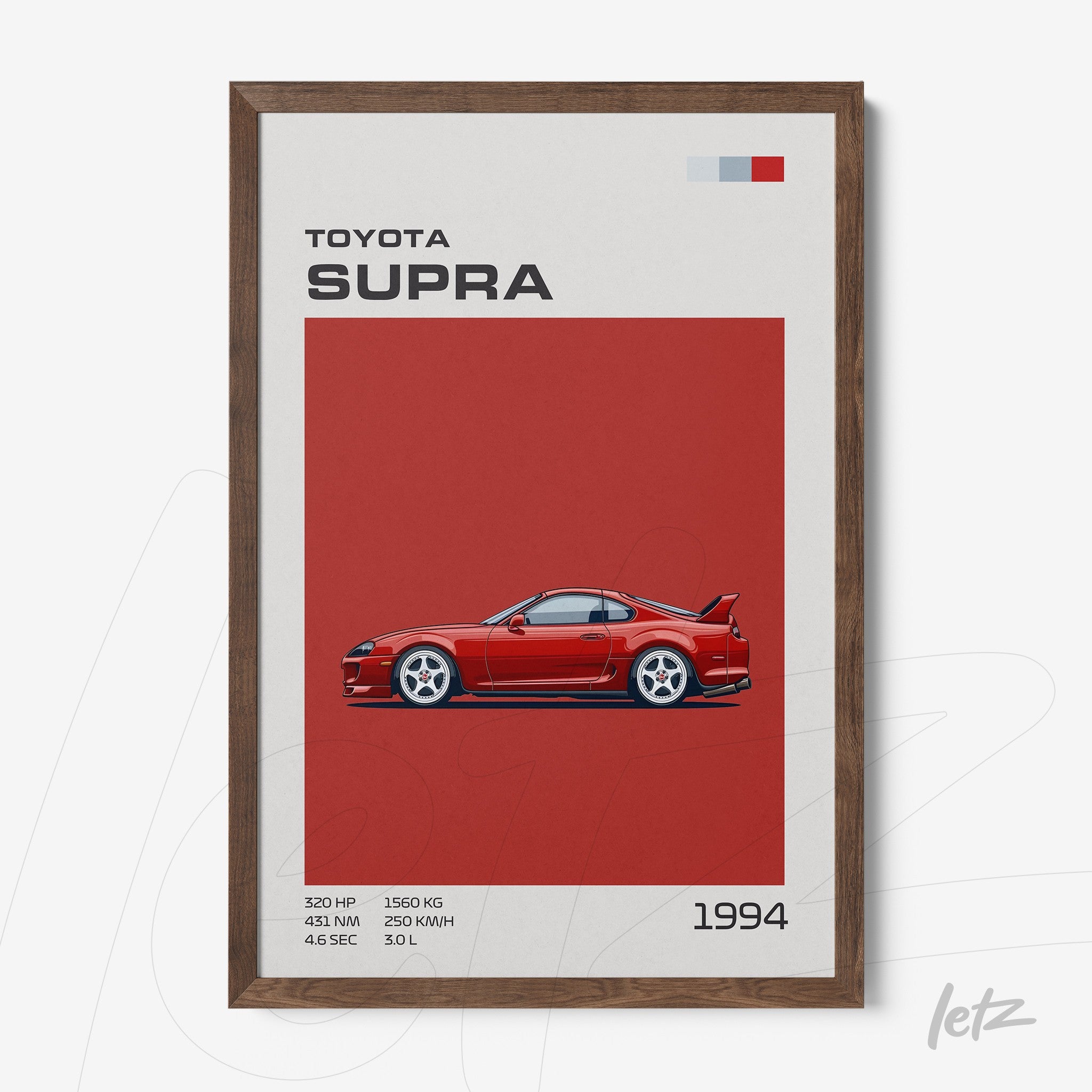 framed artwork featuring the 1994 Toyota Supra sports car illustration with dark wood frame