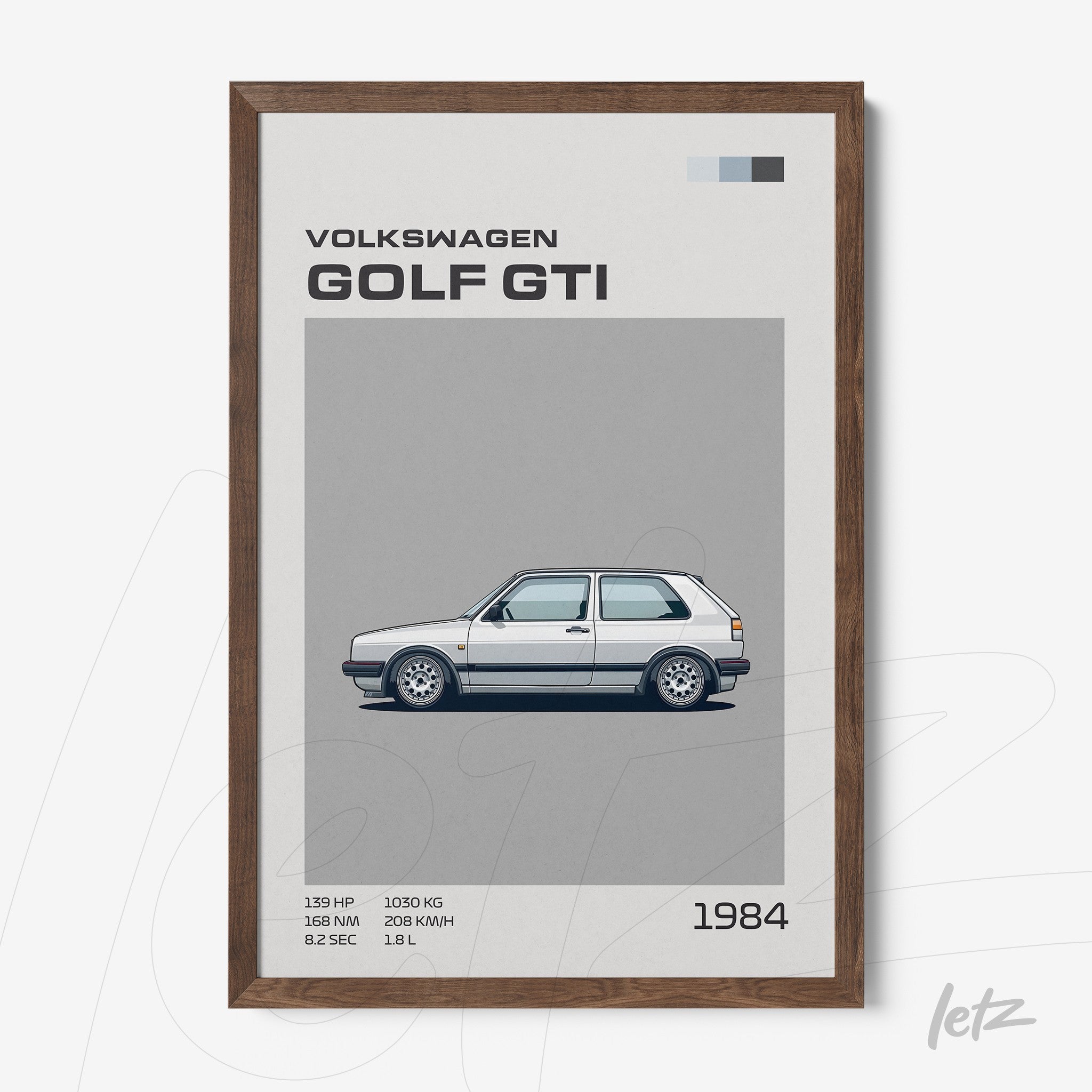 framed illustration of a Volkswagen Golf GTI with a dark wood frame