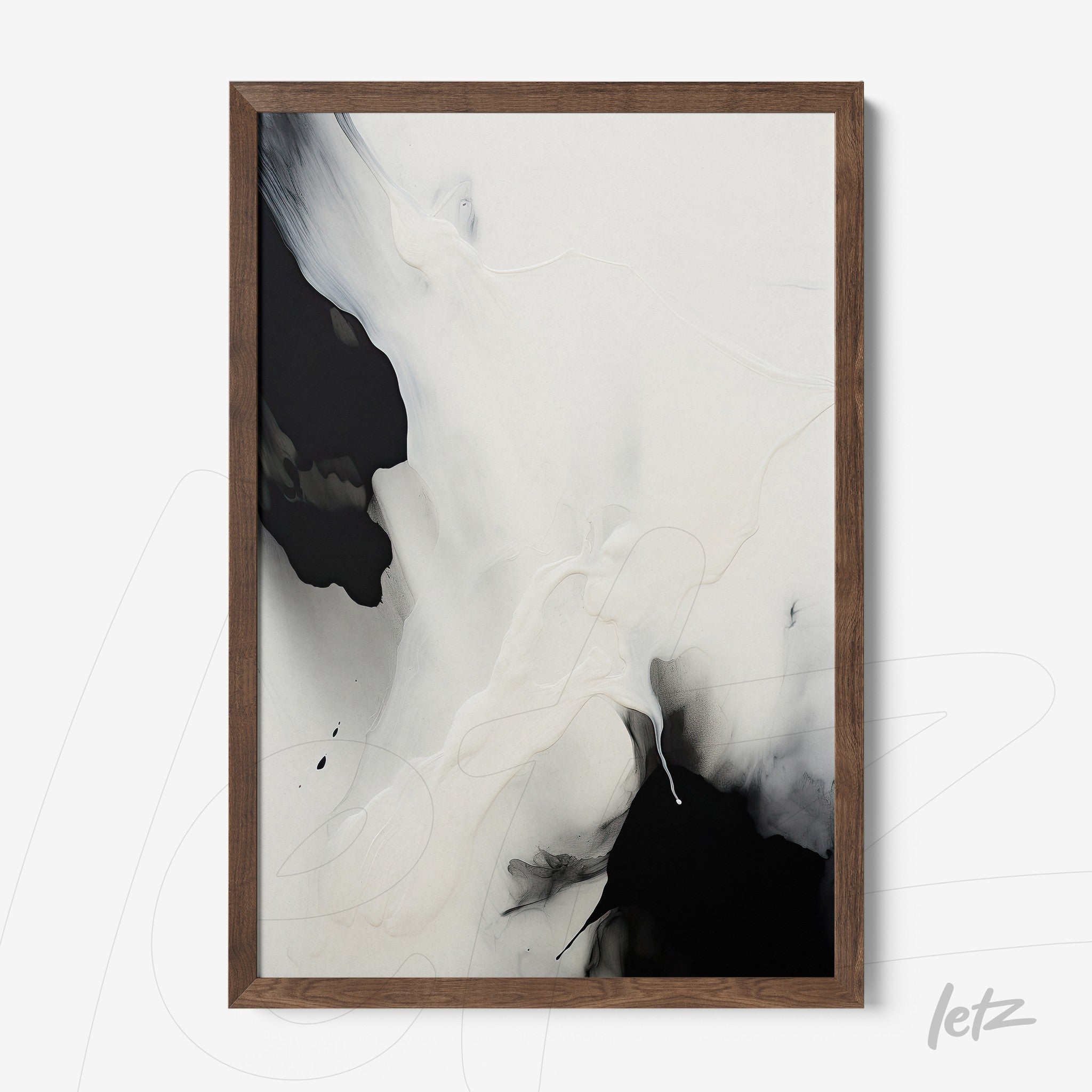 abstract wall art in black and white with dark wood frame