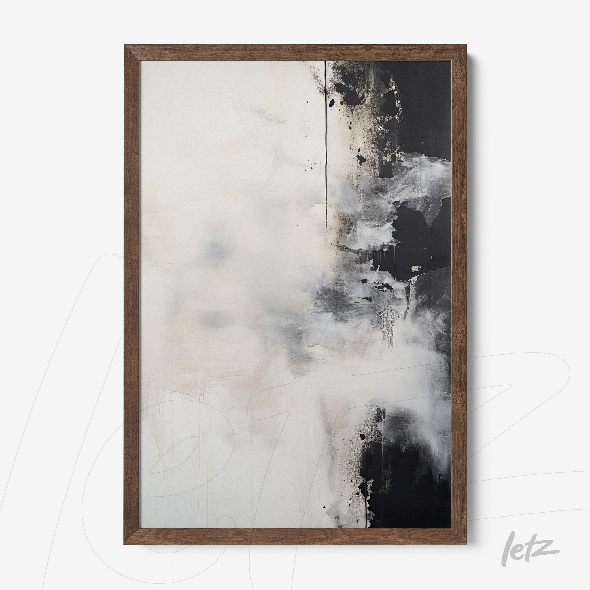 abstract wall art in soft shades of white and black, featuring subtle texture and dark wood frame