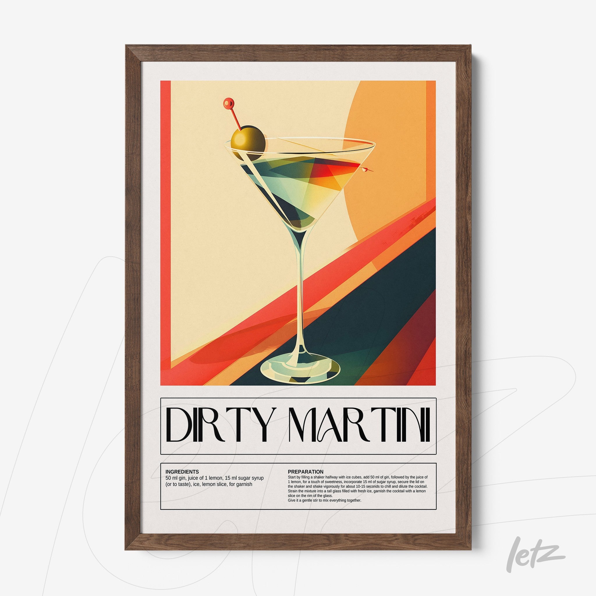 framed art print of a dirty martini cocktail with colorful geometric background and dark wood frame