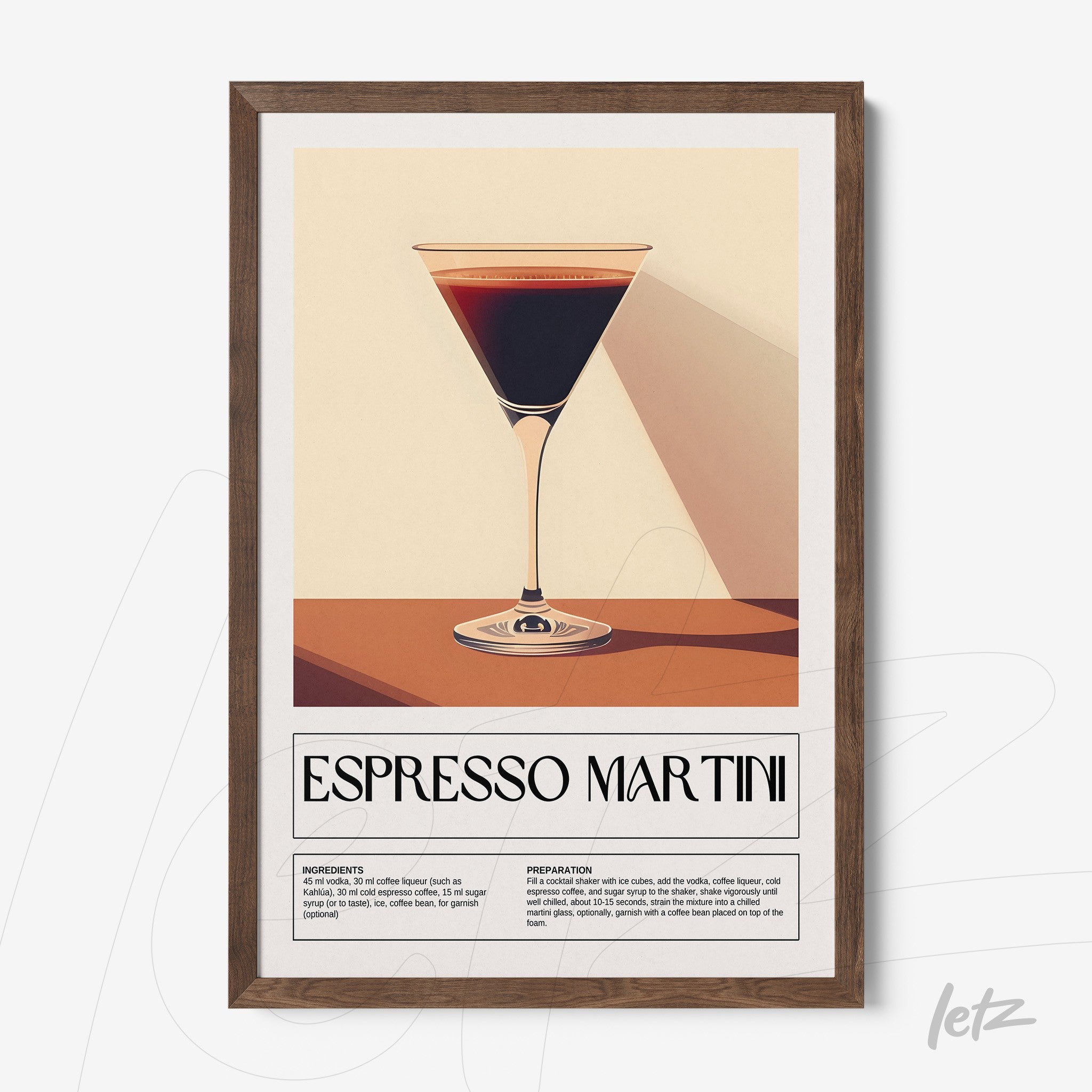 framed wall art featuring a glass of espresso martini with light wood frame