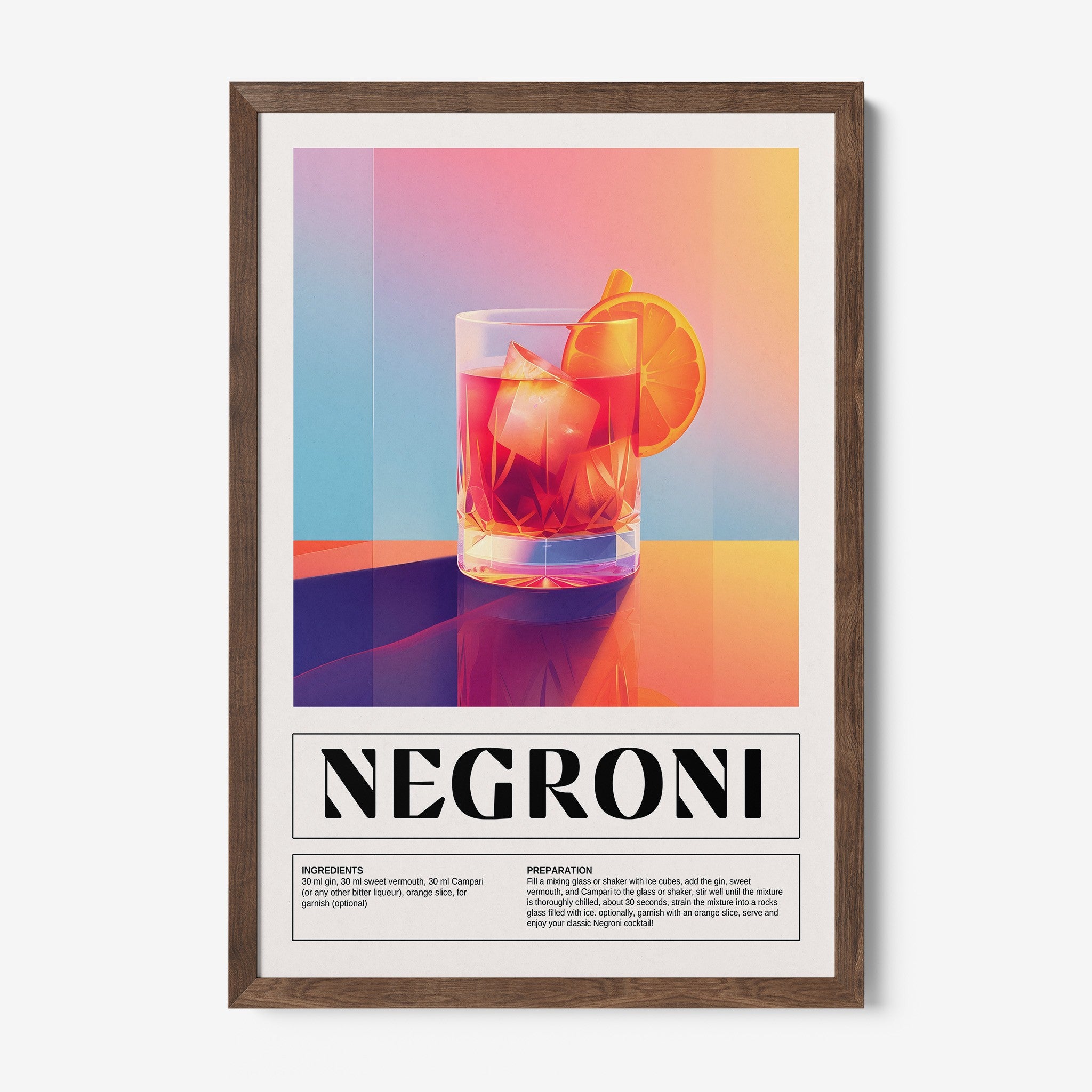 framed wall art depicting a negroni cocktail with a clear glass and colorful background