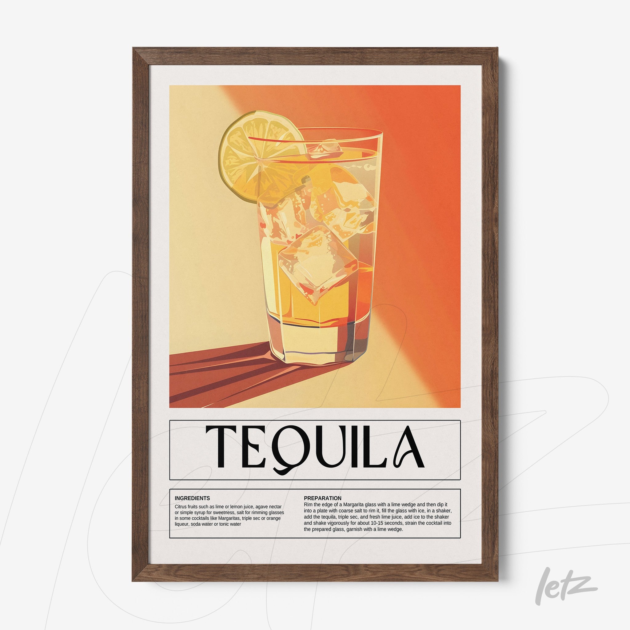 retro style framed artwork of tequila cocktail in dark wood frame with orange background