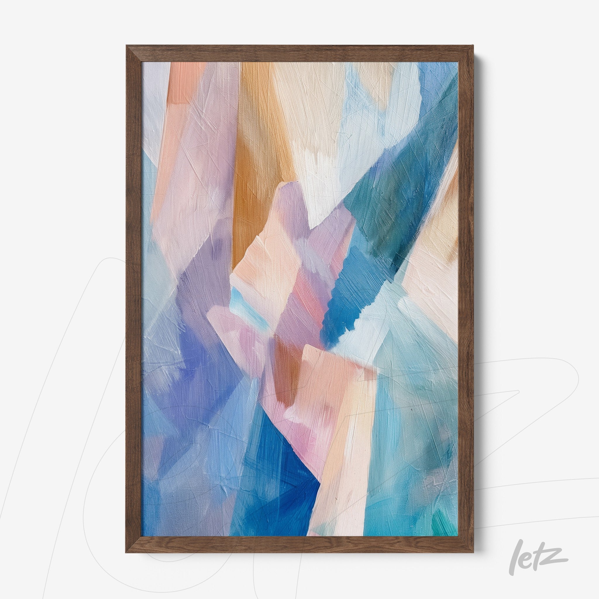 abstract art piece in soft shades of blue and pink in dark wood frame