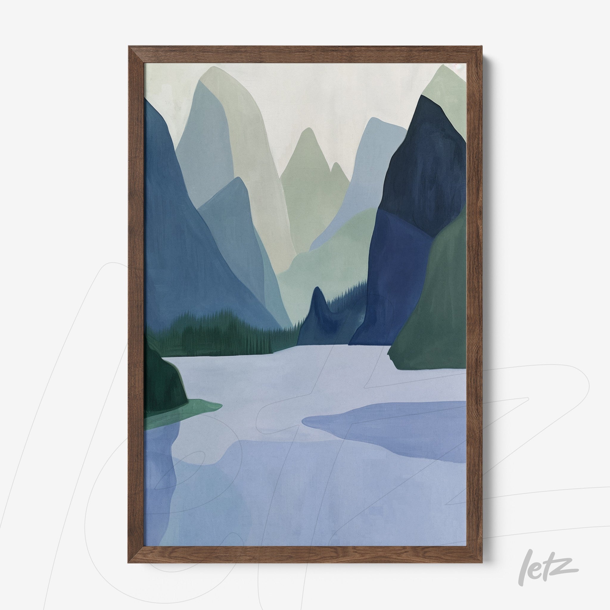 framed abstract artwork of a mountainous landscape in dark wood frame