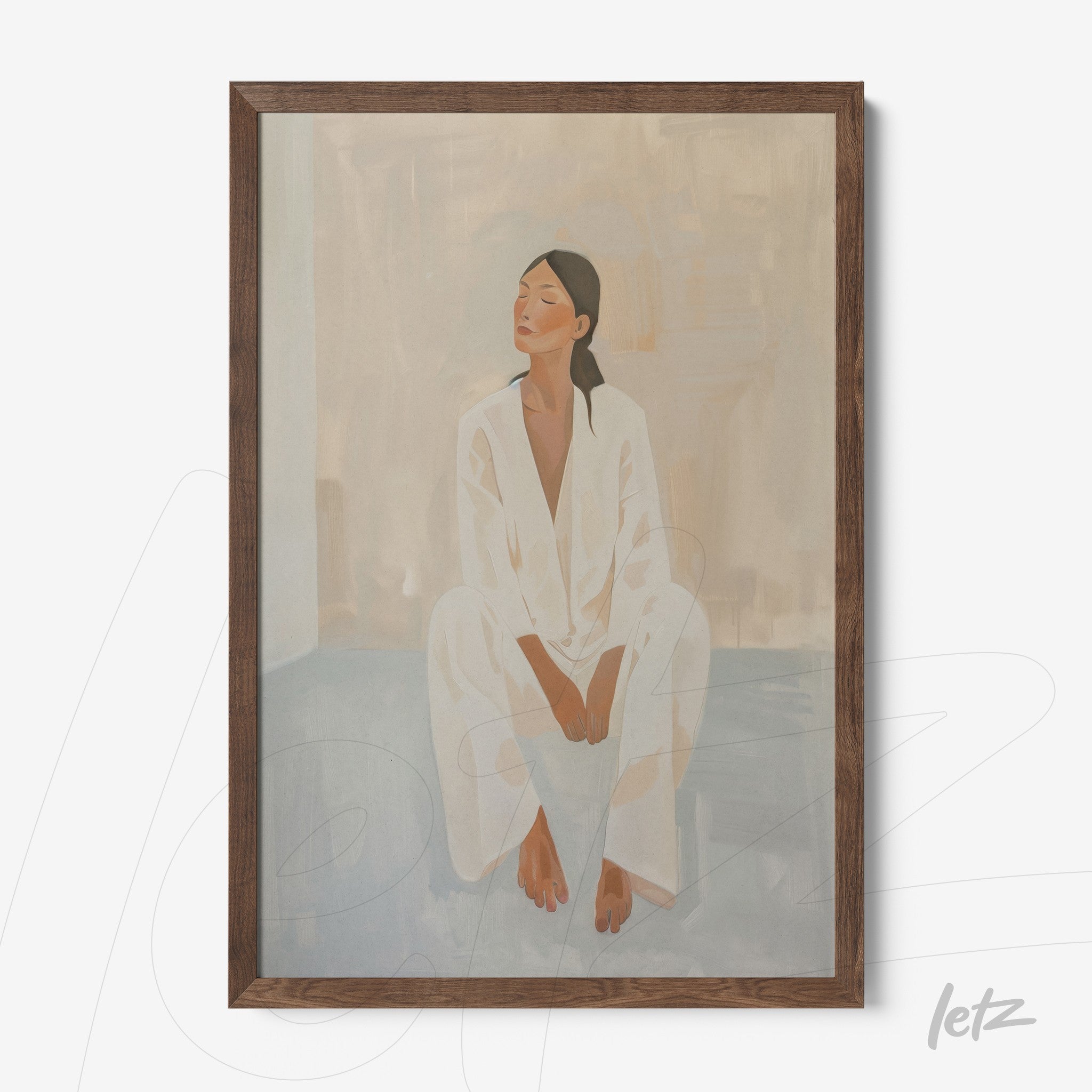 framed artwork of a woman sitting in white pajamas with dark wooden frame