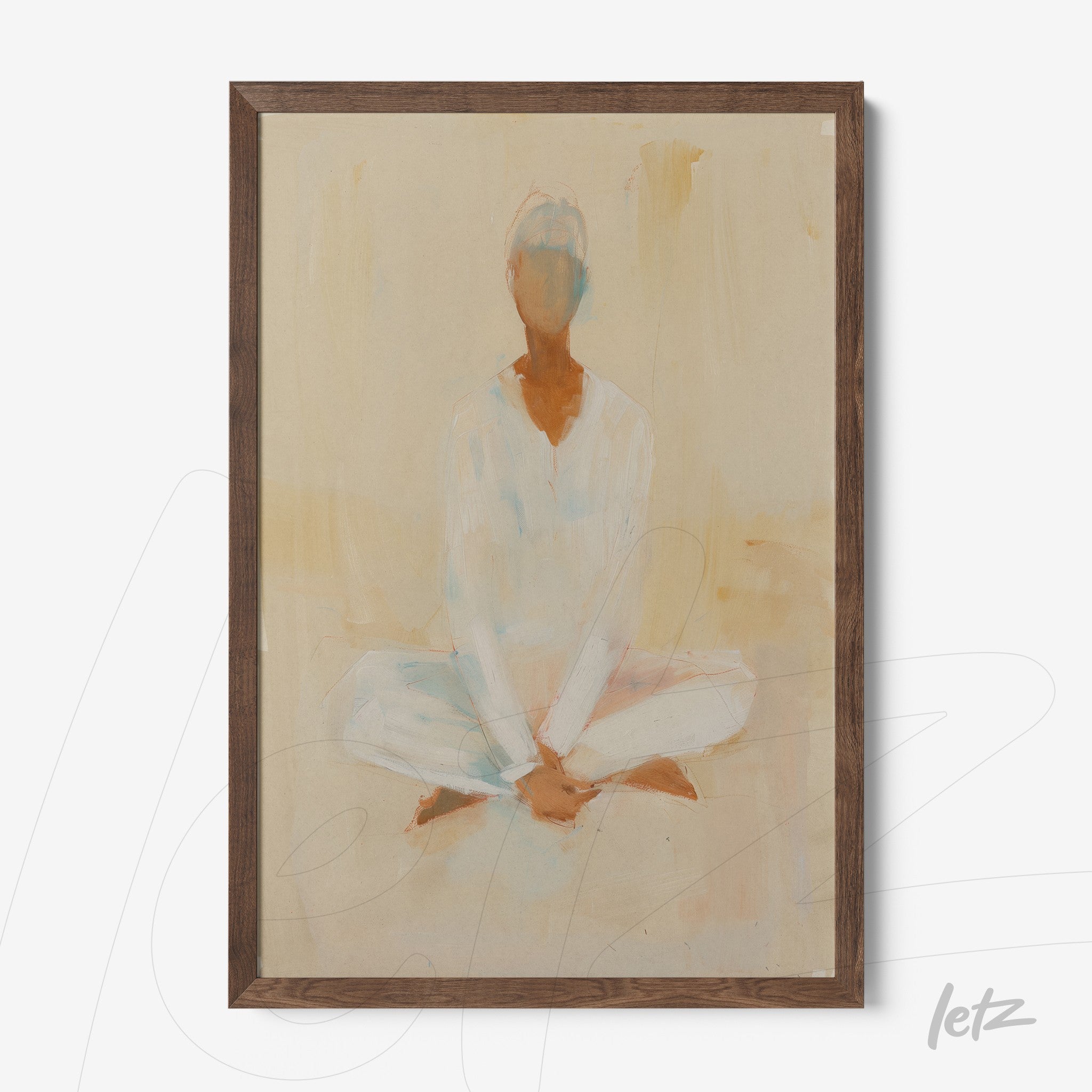 abstract art framed print of a meditating figure with dark wood frame