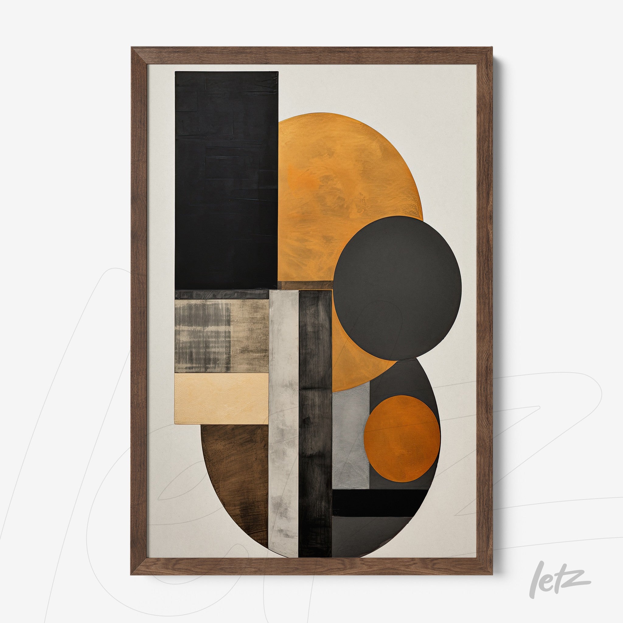framed wall art featuring geometric shapes in black, orange, and beige with a dark wood frame
