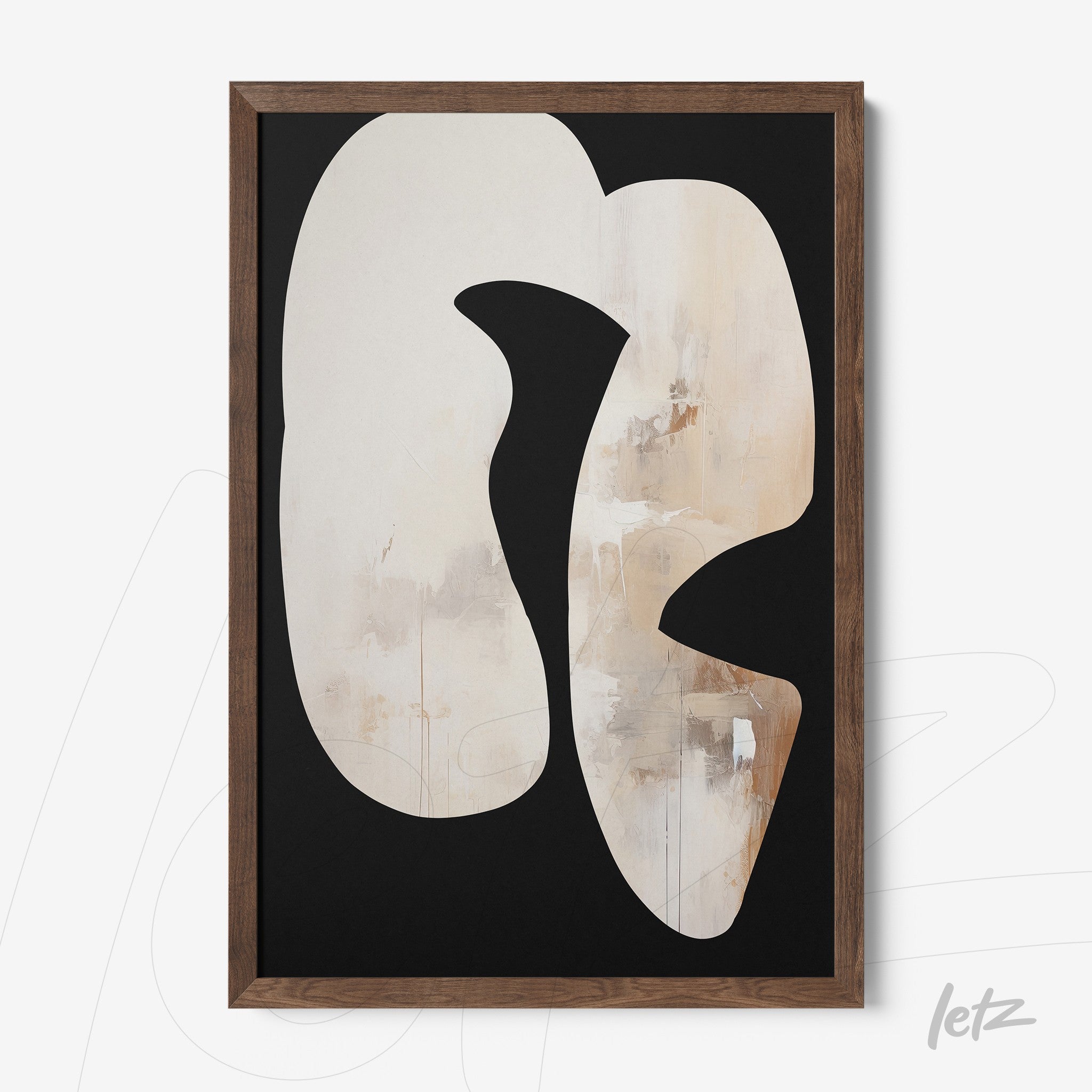 abstract art print featuring organic shapes in neutral tones with dark wood frame