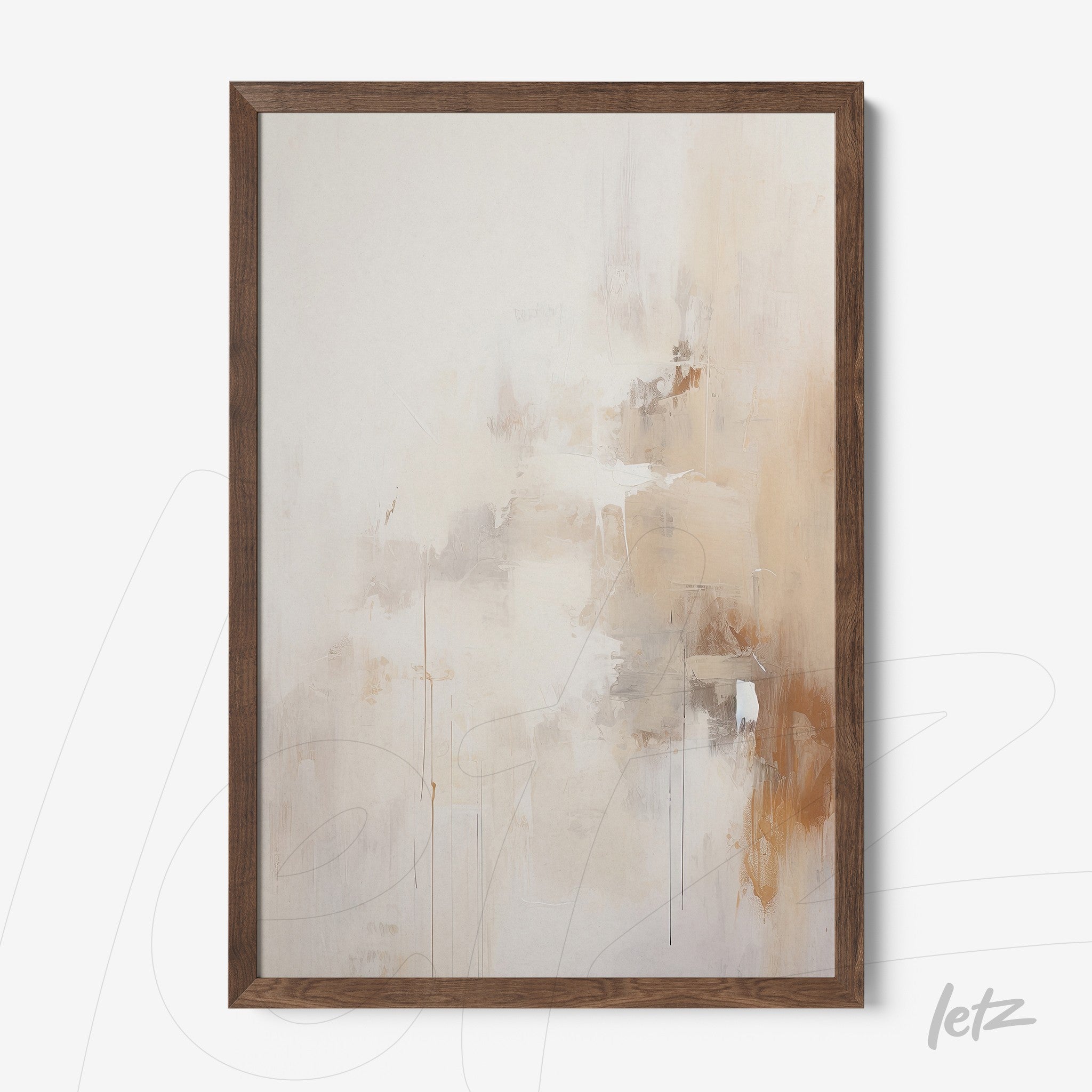 abstract wall art in shades of beige and light brown, featuring a dark wood frame