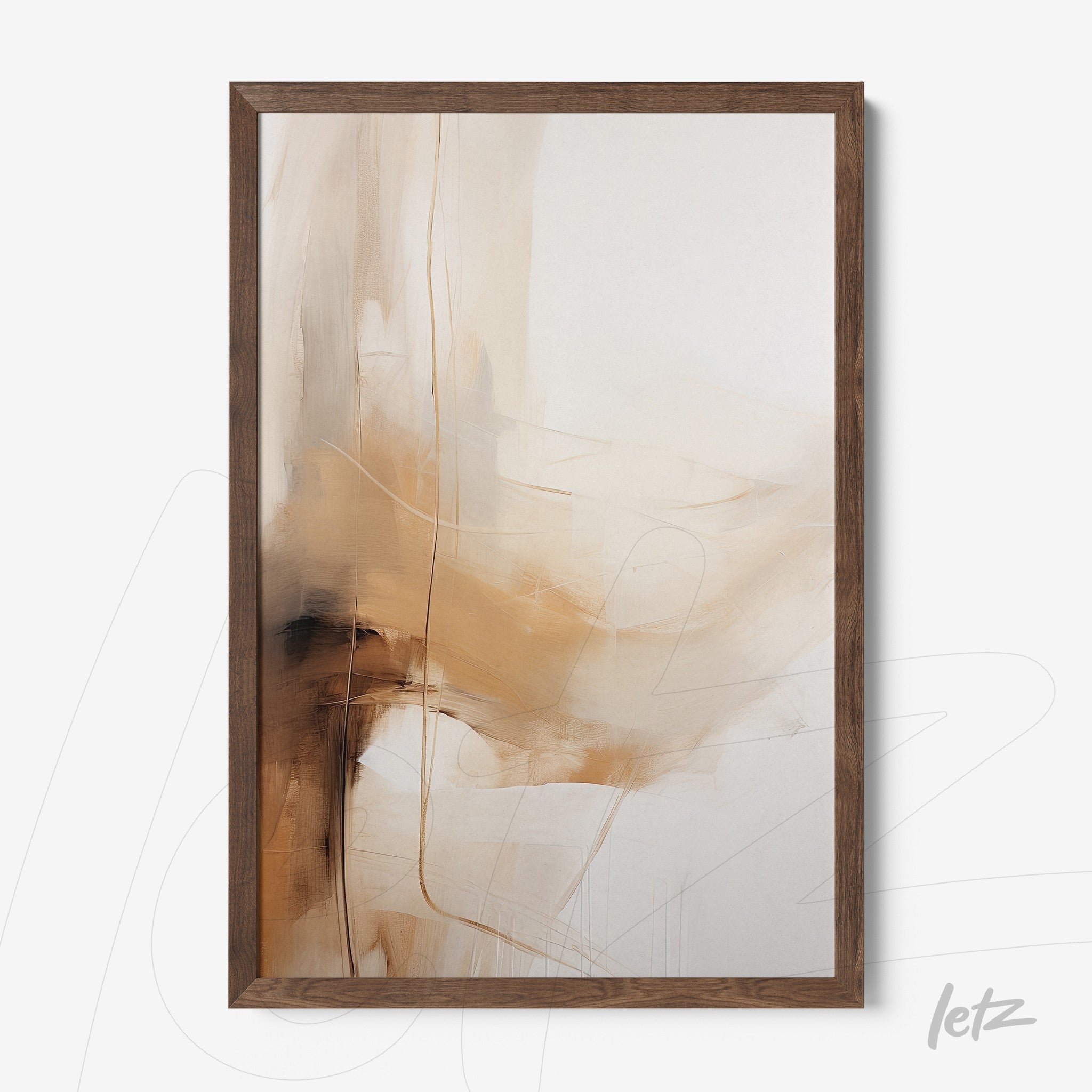 framed abstract art piece in shades of beige and brown with dark wood frame