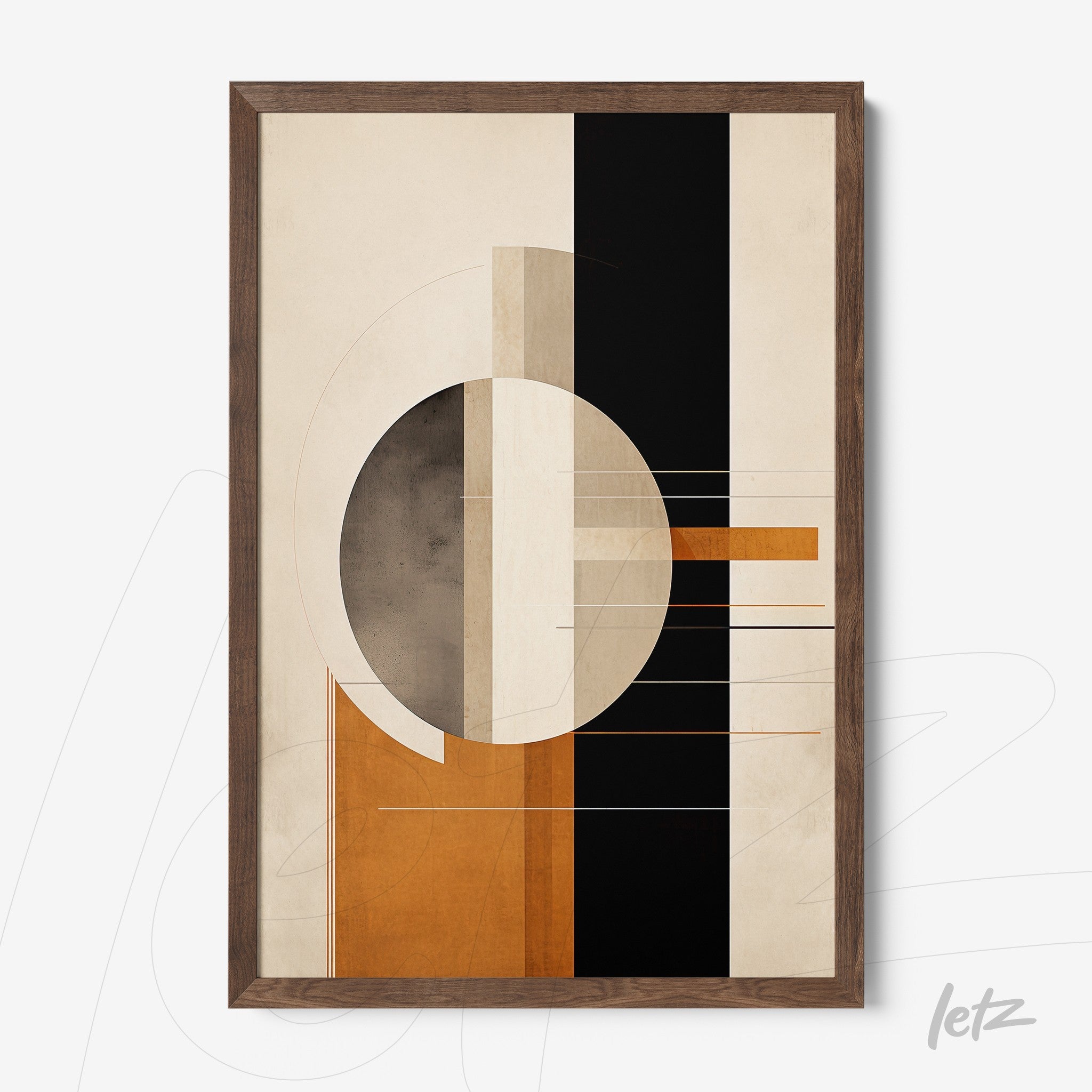 framed abstract artwork with earthy tones and geometric shapes in dark wood frame