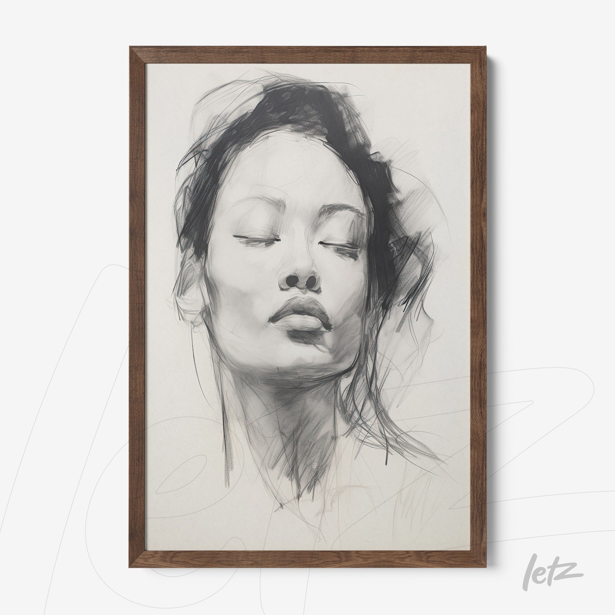 framed artwork featuring a minimalist portrait of a woman with dark wood frame