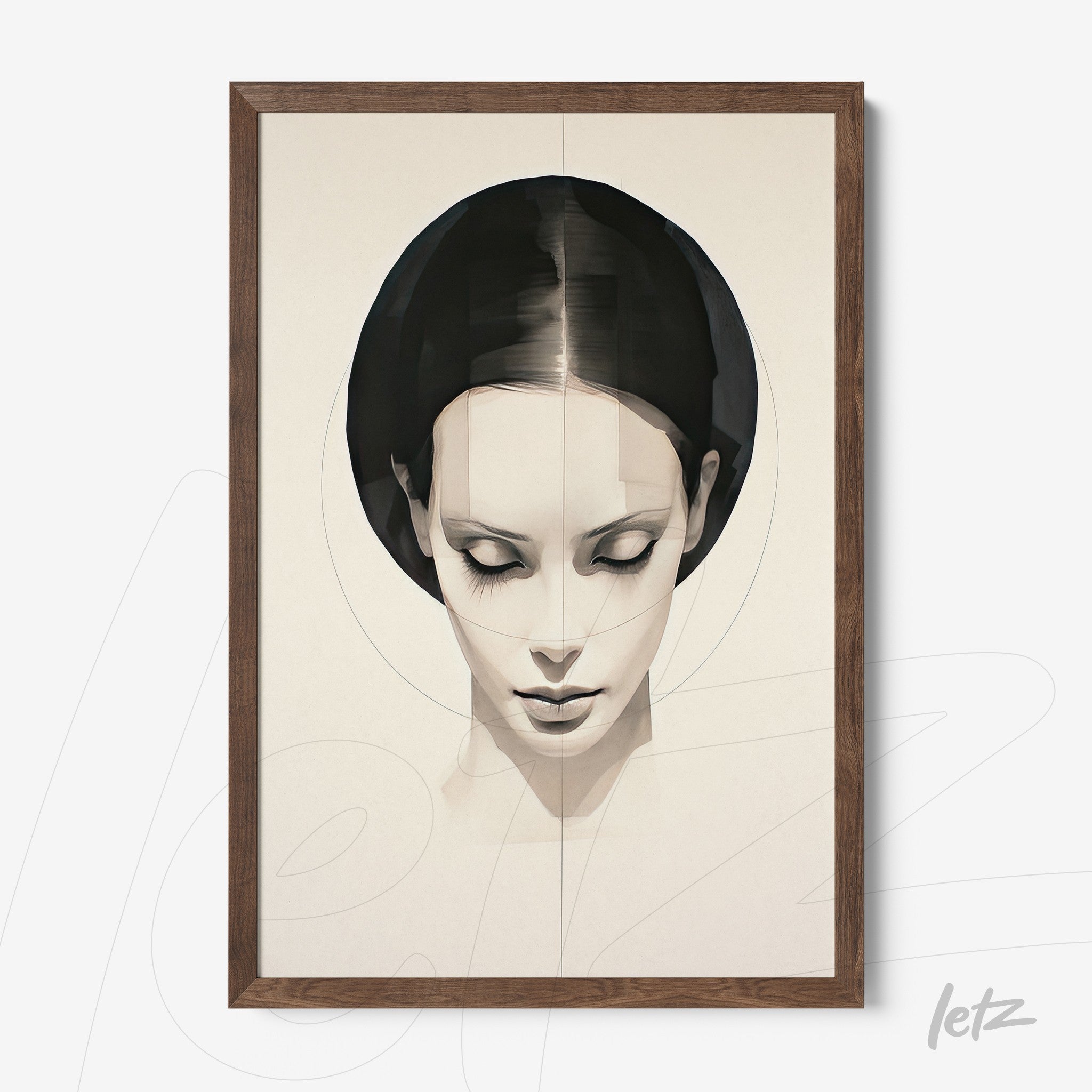 framed art piece featuring an abstract depiction of a female face with dark wood frame