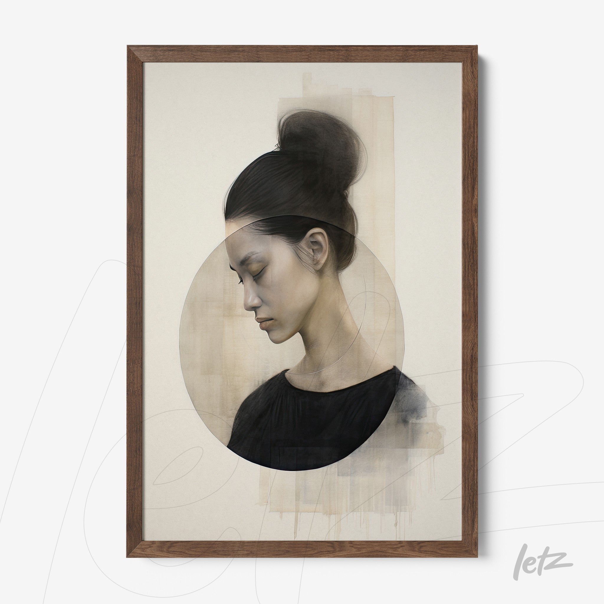 framed digital art featuring a female portrait in neutral tones with a light wooden frame