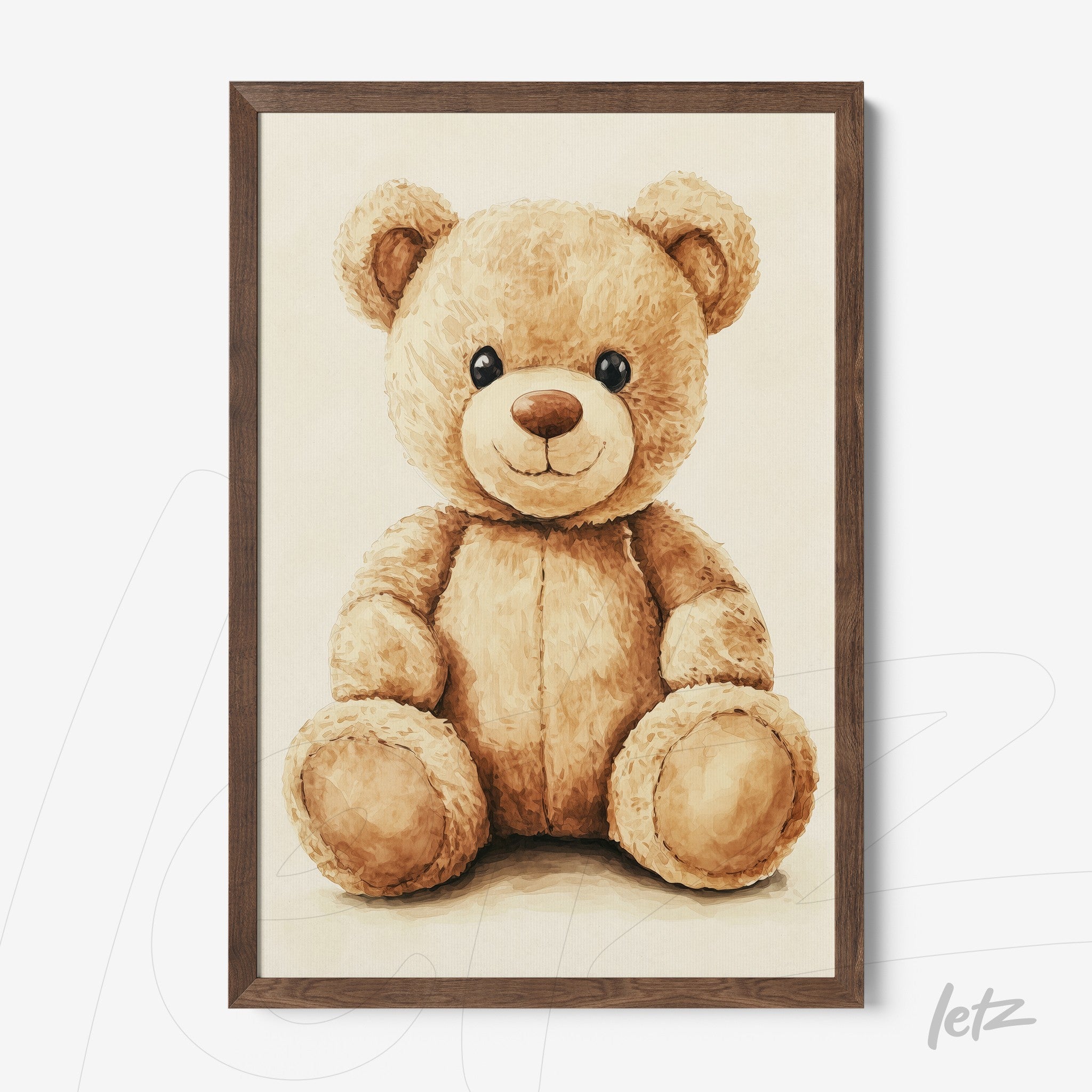canvas print of light brown teddy bear in dark wooden frame