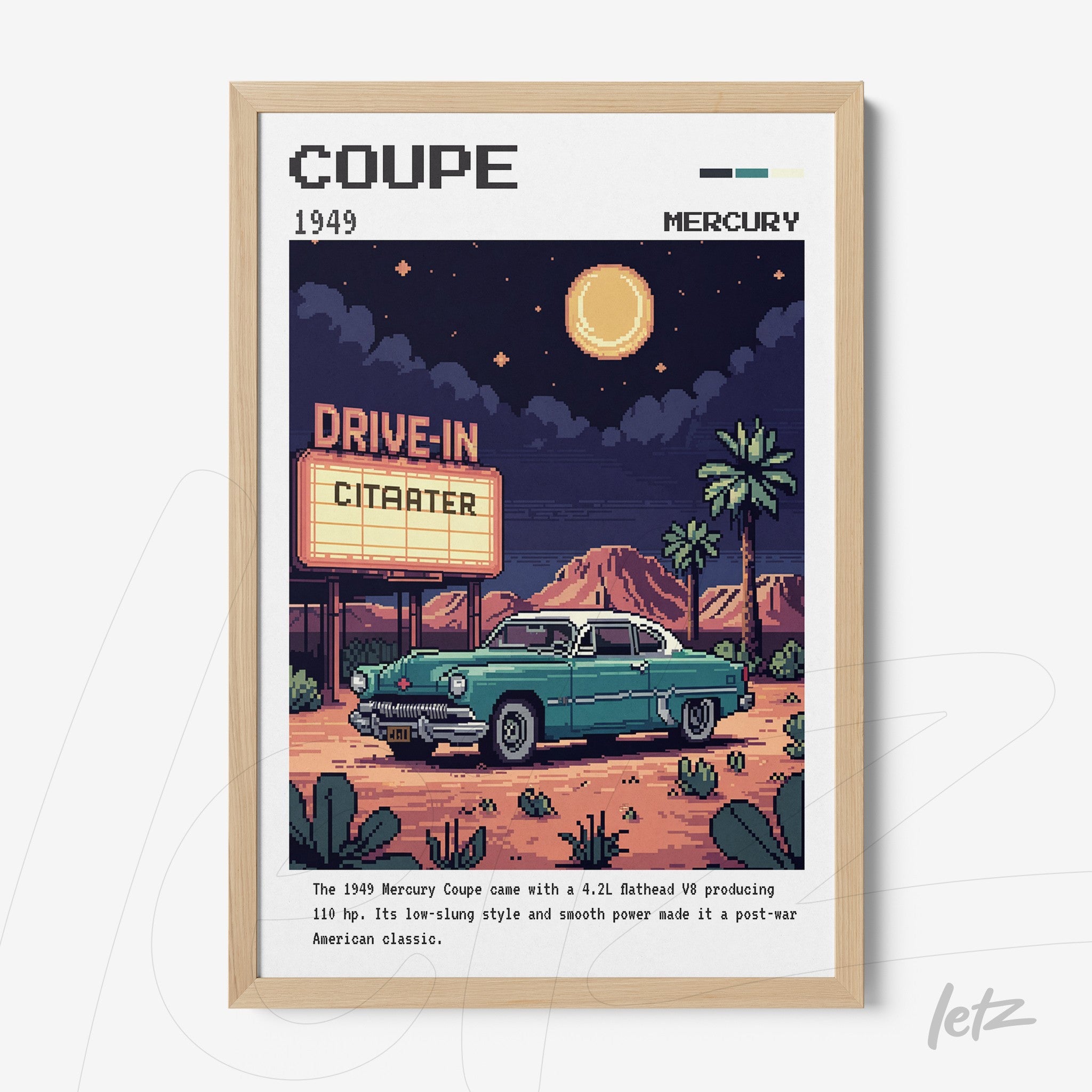 pixel art featuring a 1949 mercury coupe in a drive-in setting under a full moon with a light wood frame