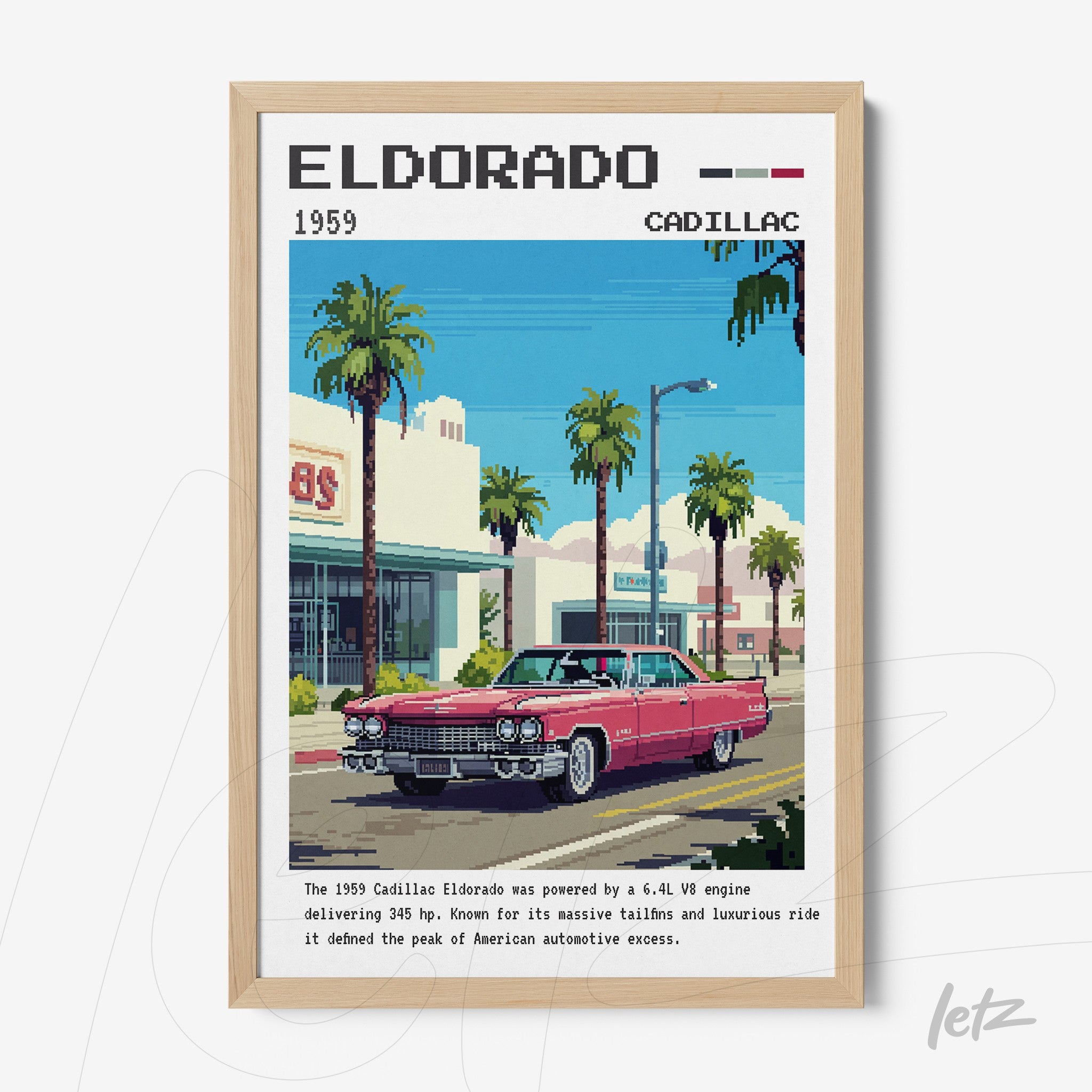 framed artwork featuring a digital illustration of a 1959 Cadillac Eldorado with light wooden frame, palm trees in the background, and retro graphic style