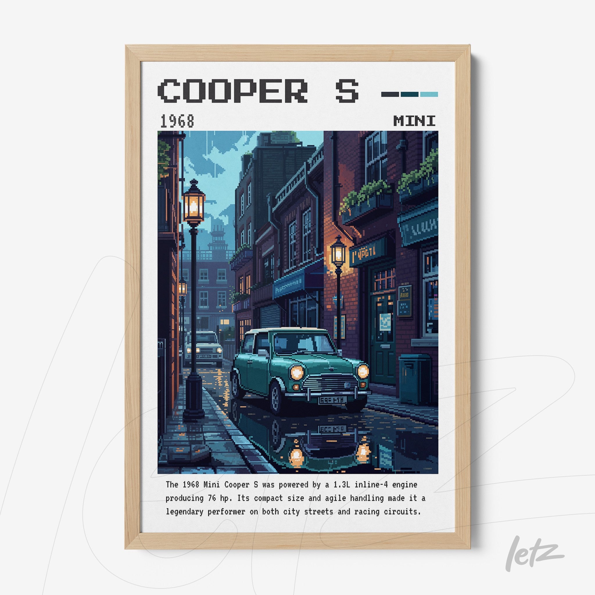 digital artwork of a Mini Cooper S on a rain-soaked street with reflections, framed in light wood