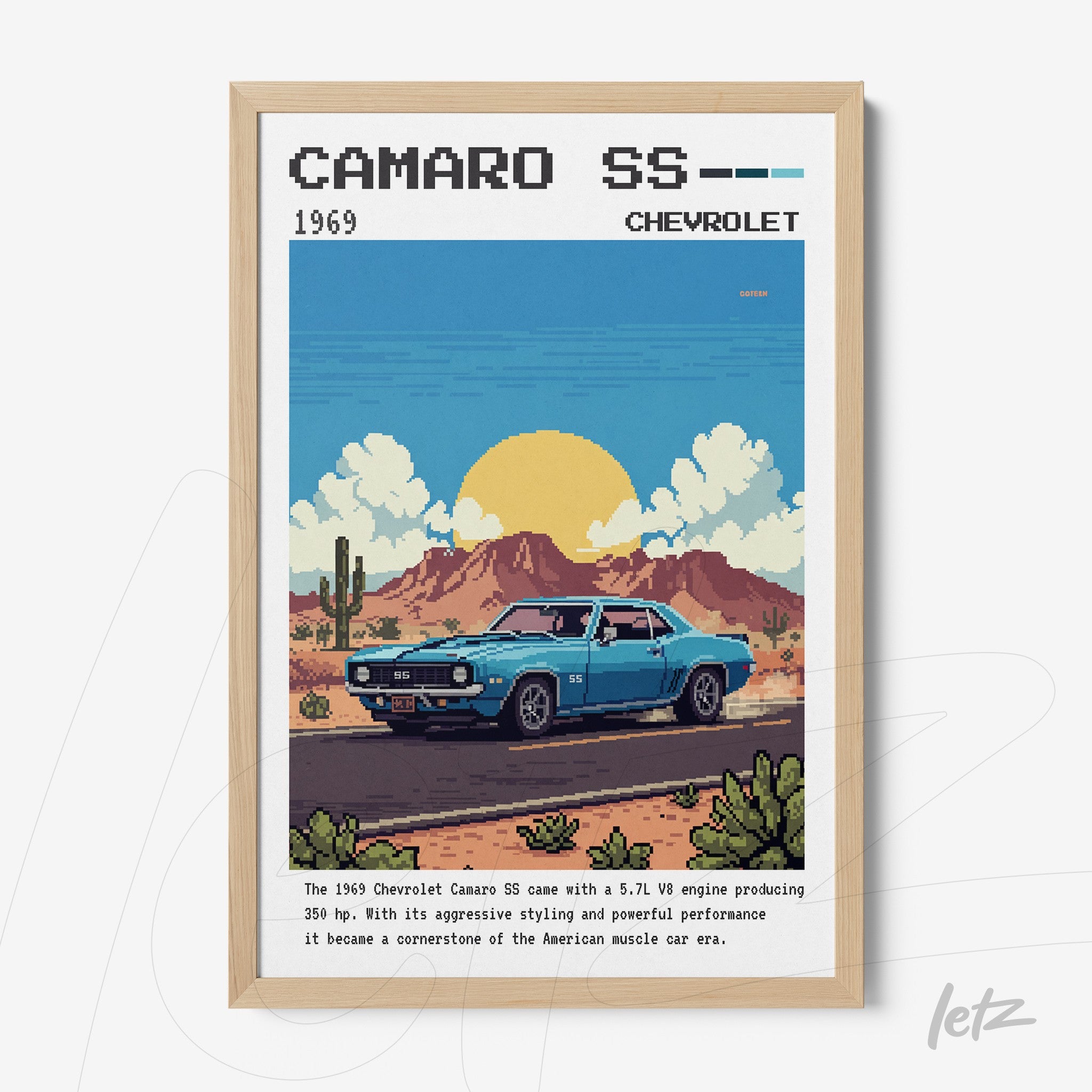 framed wall art featuring a pixel art illustration of a 1969 Camaro SS car in a desert setting