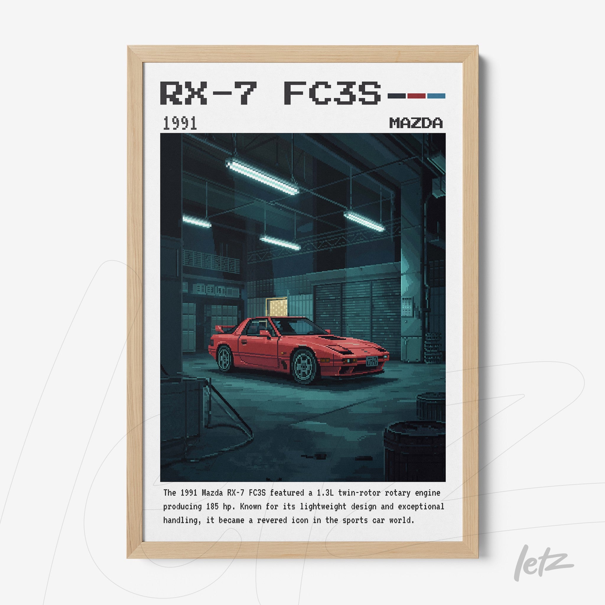 framed digital art of a red Mazda RX-7 FC3S in a dimly lit workshop with light wood frame