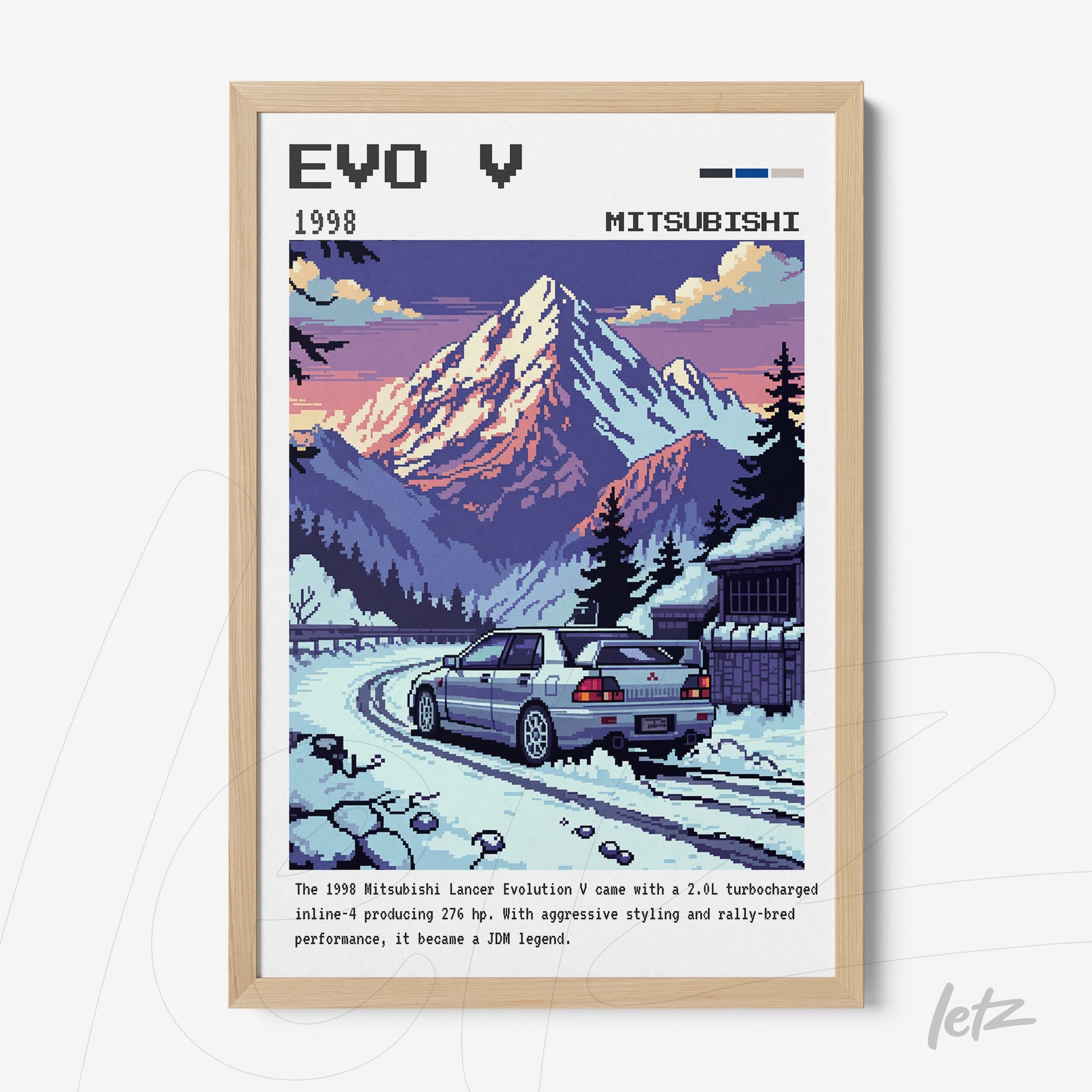 digital artwork featuring the Mitsubishi Lancer Evolution V in pixel art style, showcasing a snowy mountain backdrop and scenic winter road
