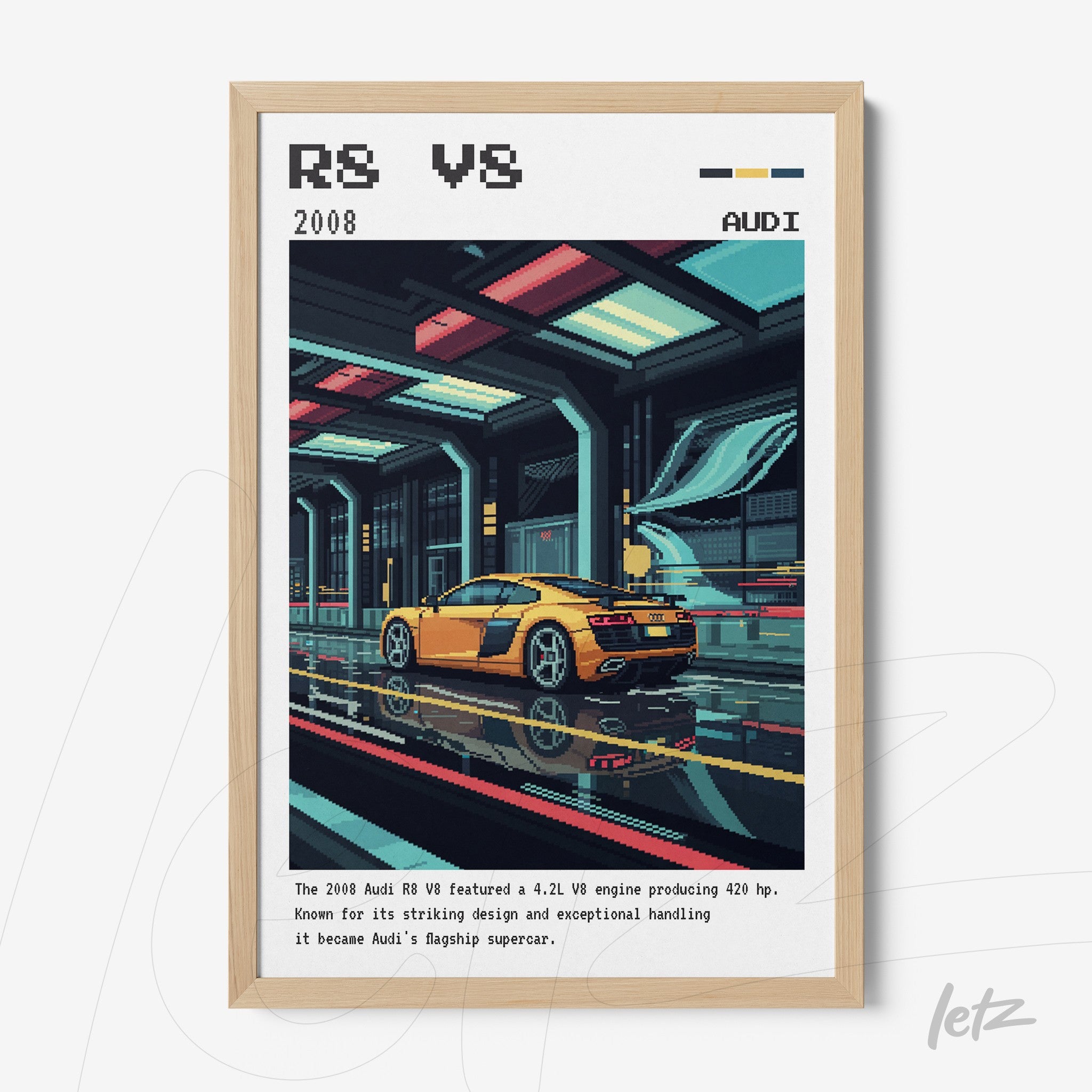 framed digital art of an Audi R8 V8 car in a futuristic setting with light wooden frame