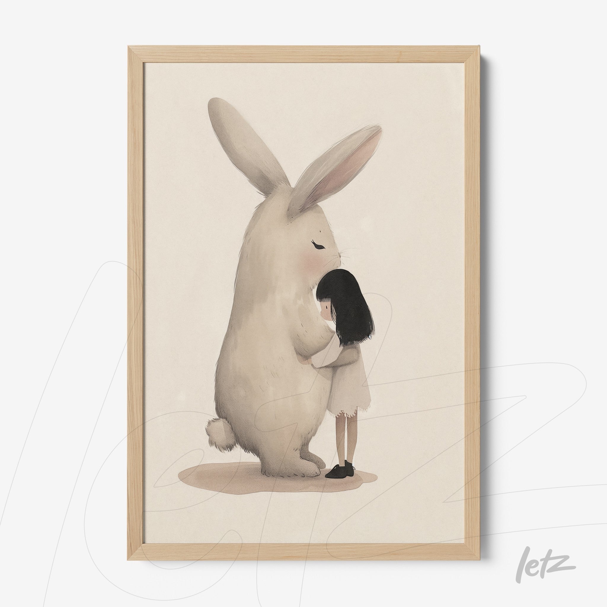 framed artwork featuring a delicate illustration of a girl hugging a giant rabbit with a light wood frame
