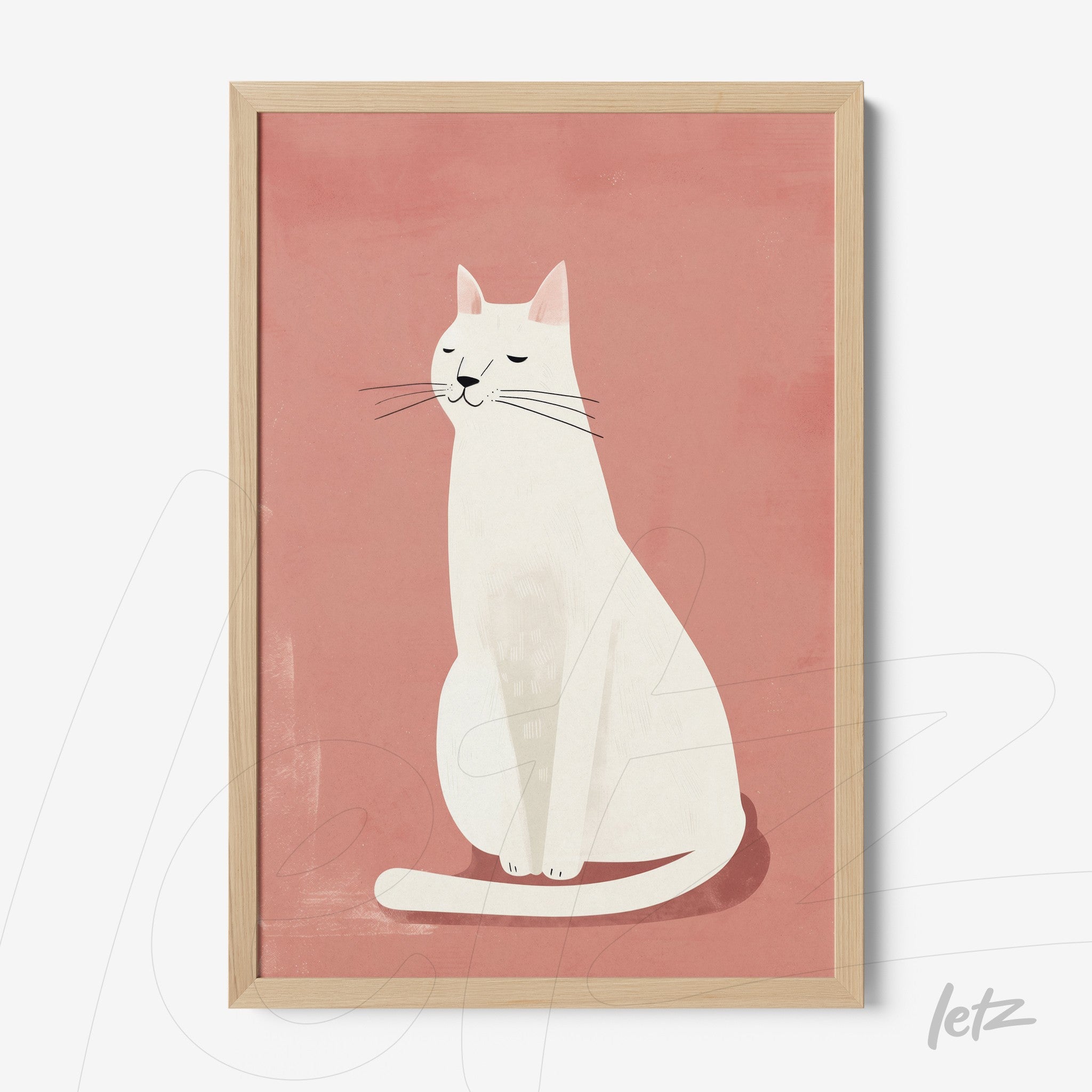 framed art of a white cat illustration on pink background with light wood frame