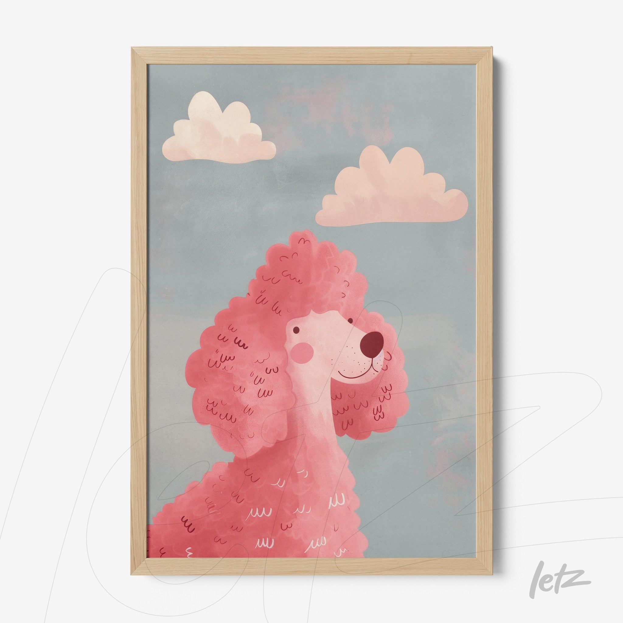 framed art depicting a pink poodle in a child-like style with soft clouds against a blue background and light wood frame