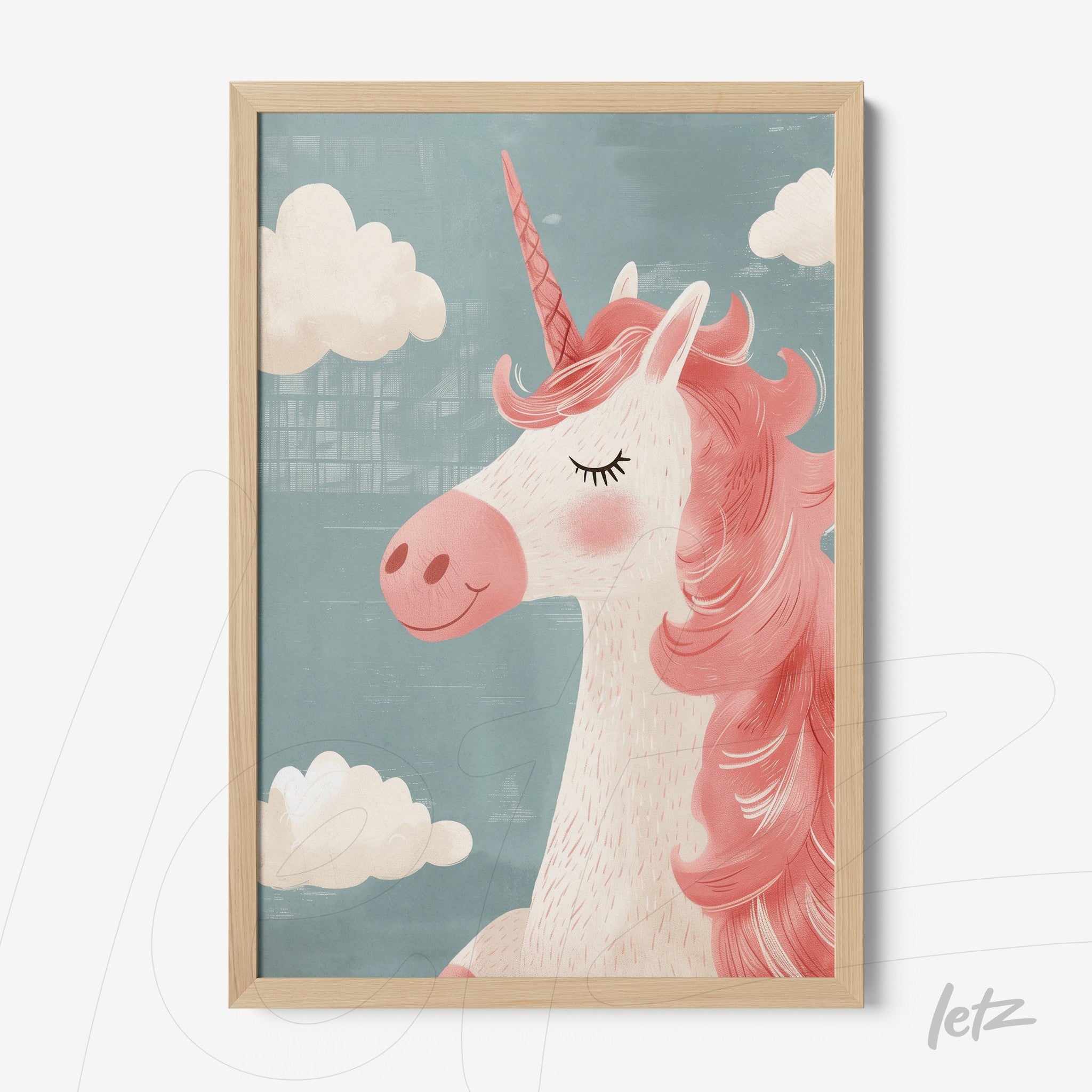 framed art featuring a pink unicorn illustration with white clouds on a blue background in light wood frame