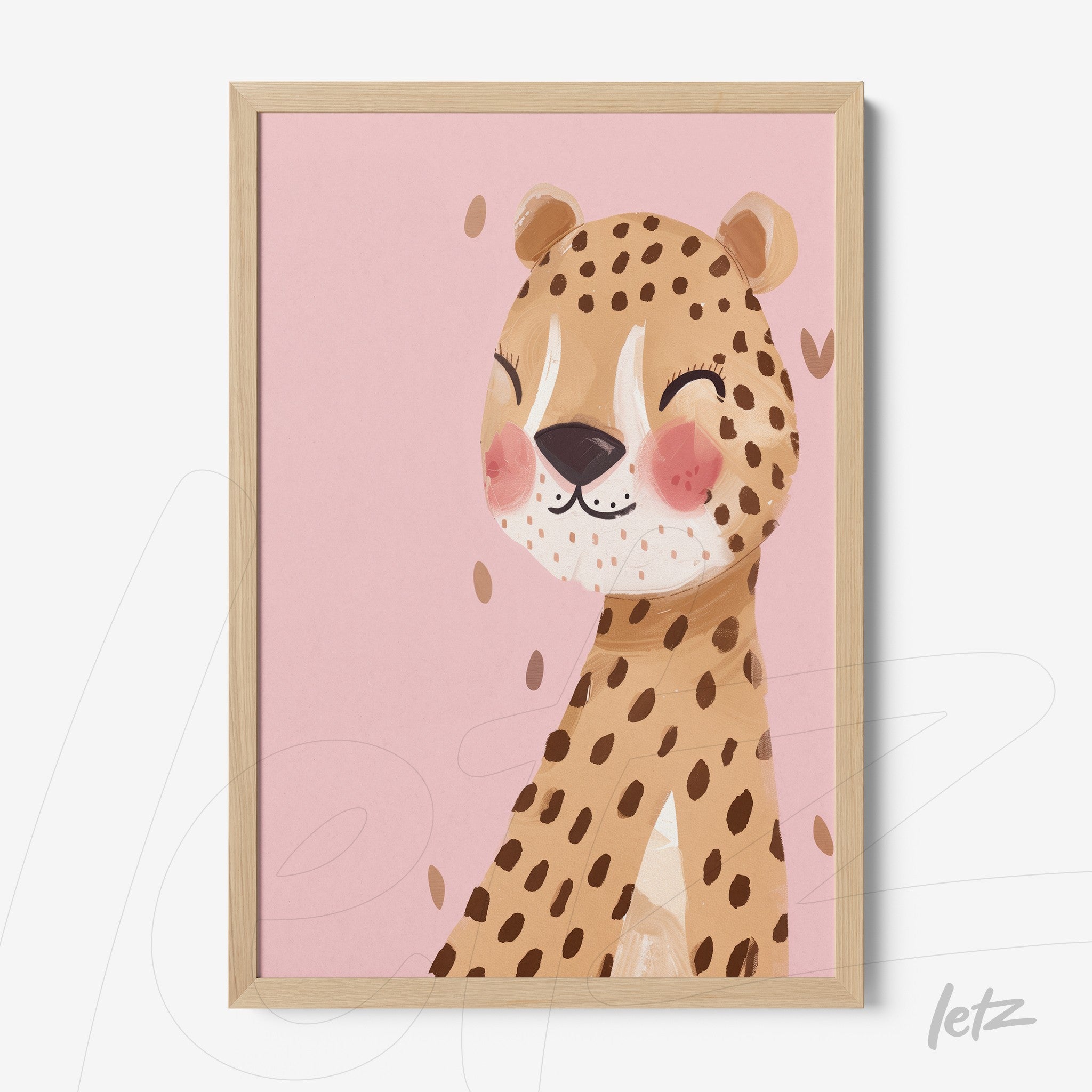 framed art illustration of a smiling leopard on pink background with light wood frame