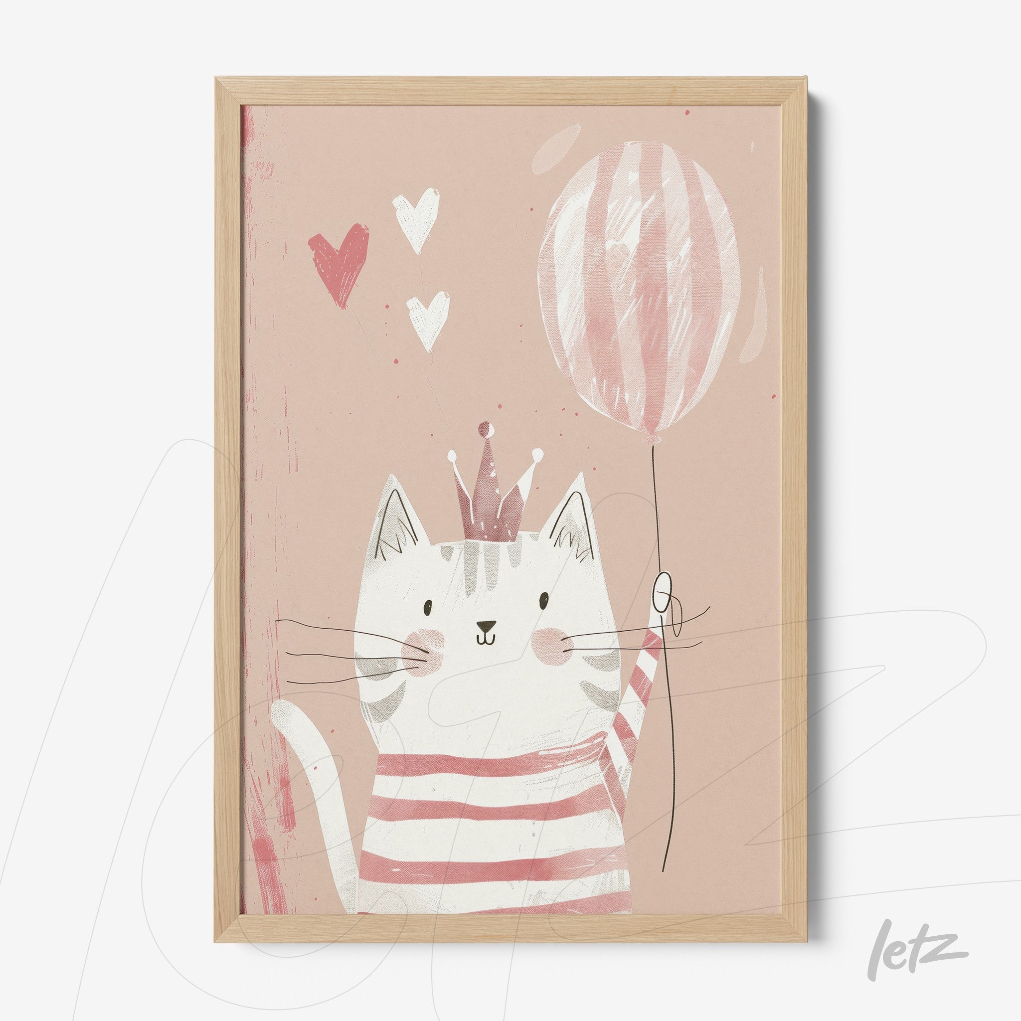framed artwork of a cute striped cat holding a balloon on a pink background