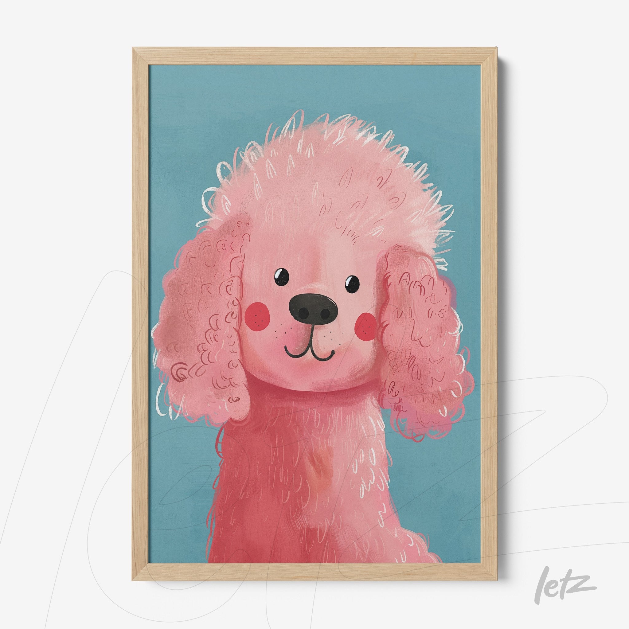 framed art of a pink poodle illustration on blue background with light wood frame