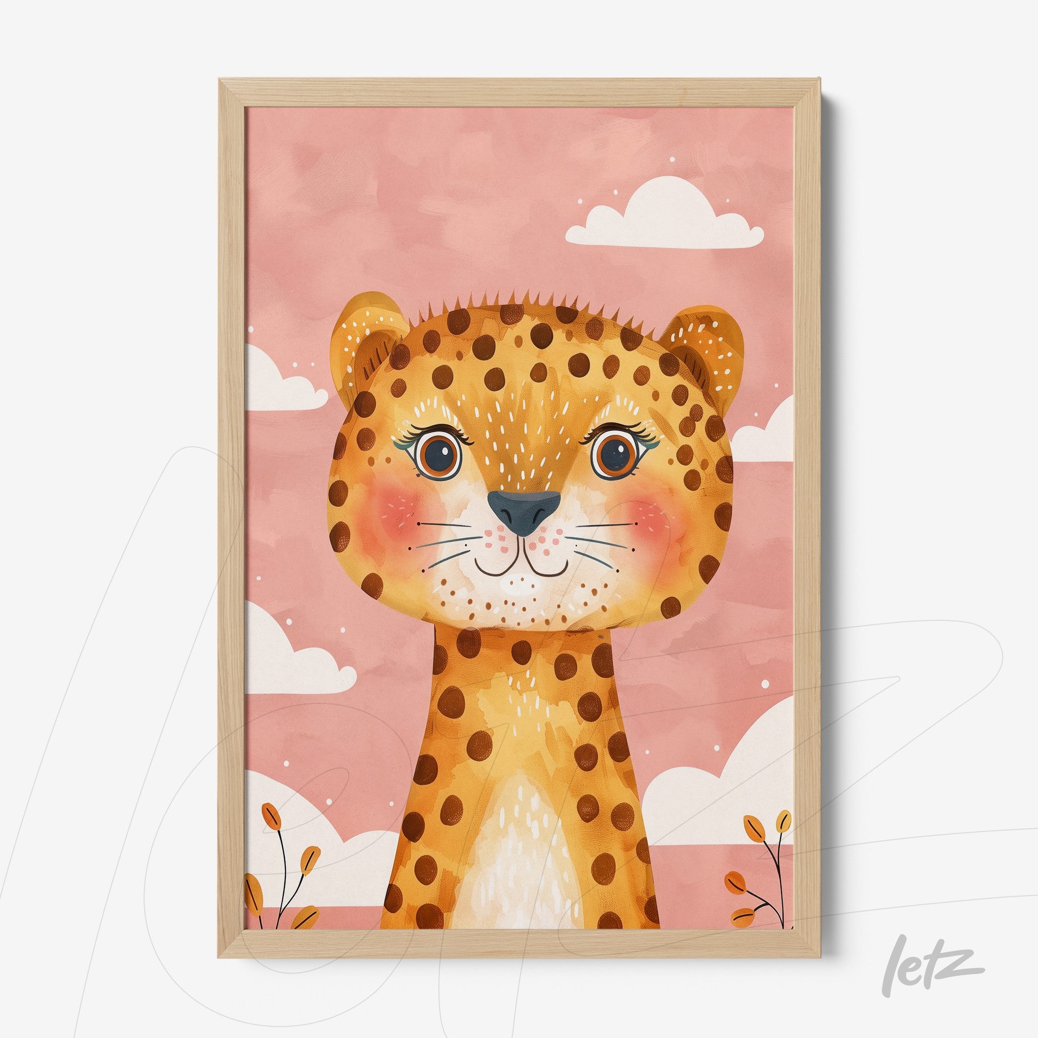 framed artwork featuring a stylized leopard on a pink background with white clouds