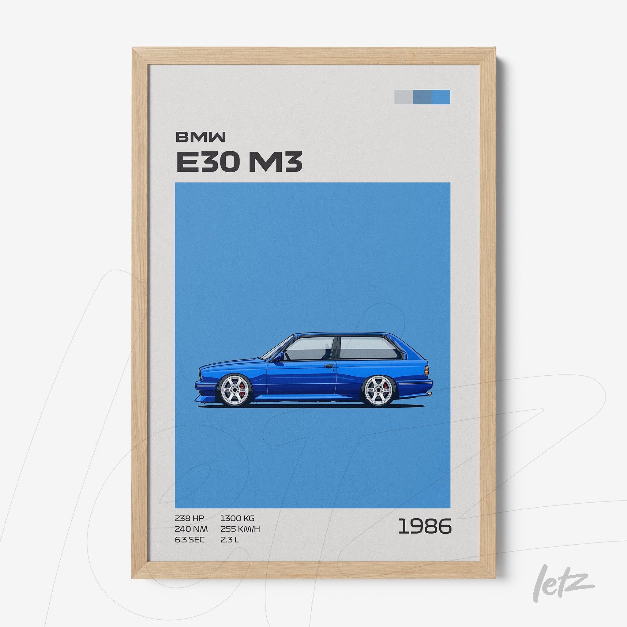 framed digital artwork of a blue BMW E30 M3 against a blue background with a light wood frame
