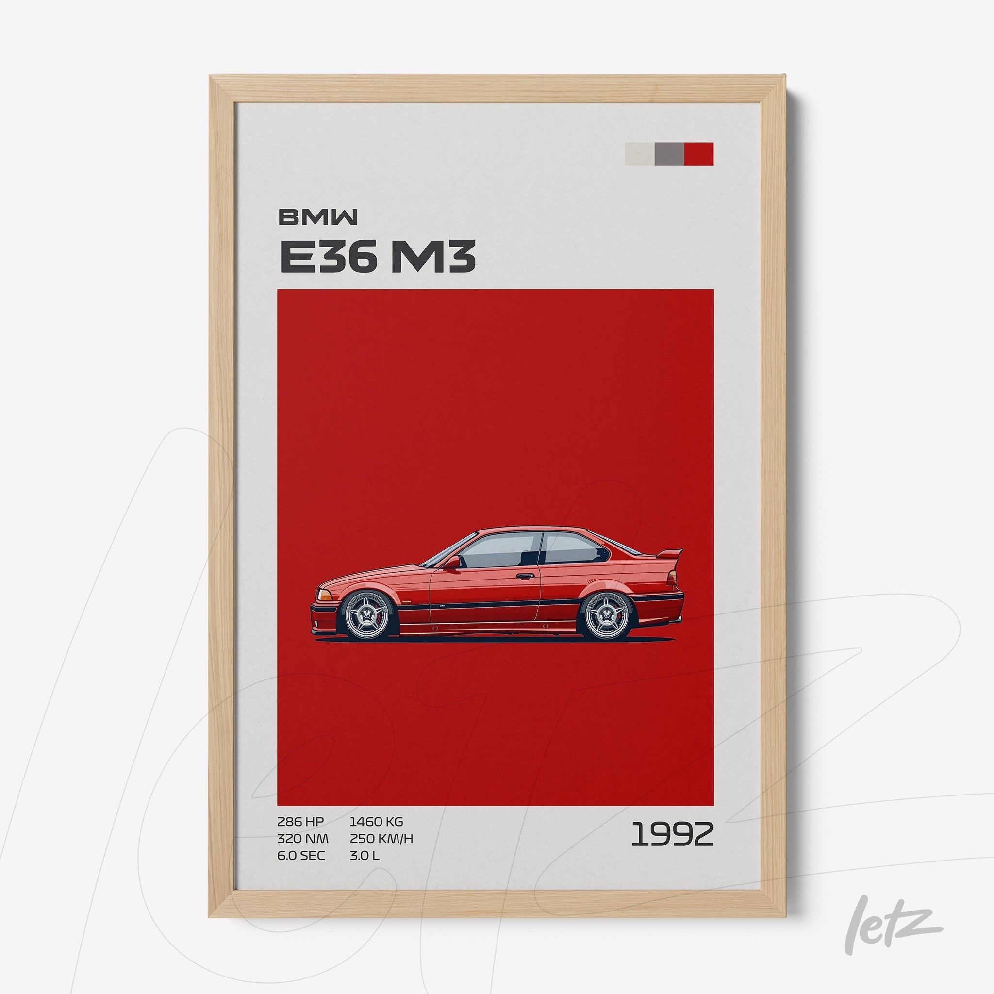 framed artwork featuring a bmw e36 m3 illustration on a red background with light wood frame and informative text alongside