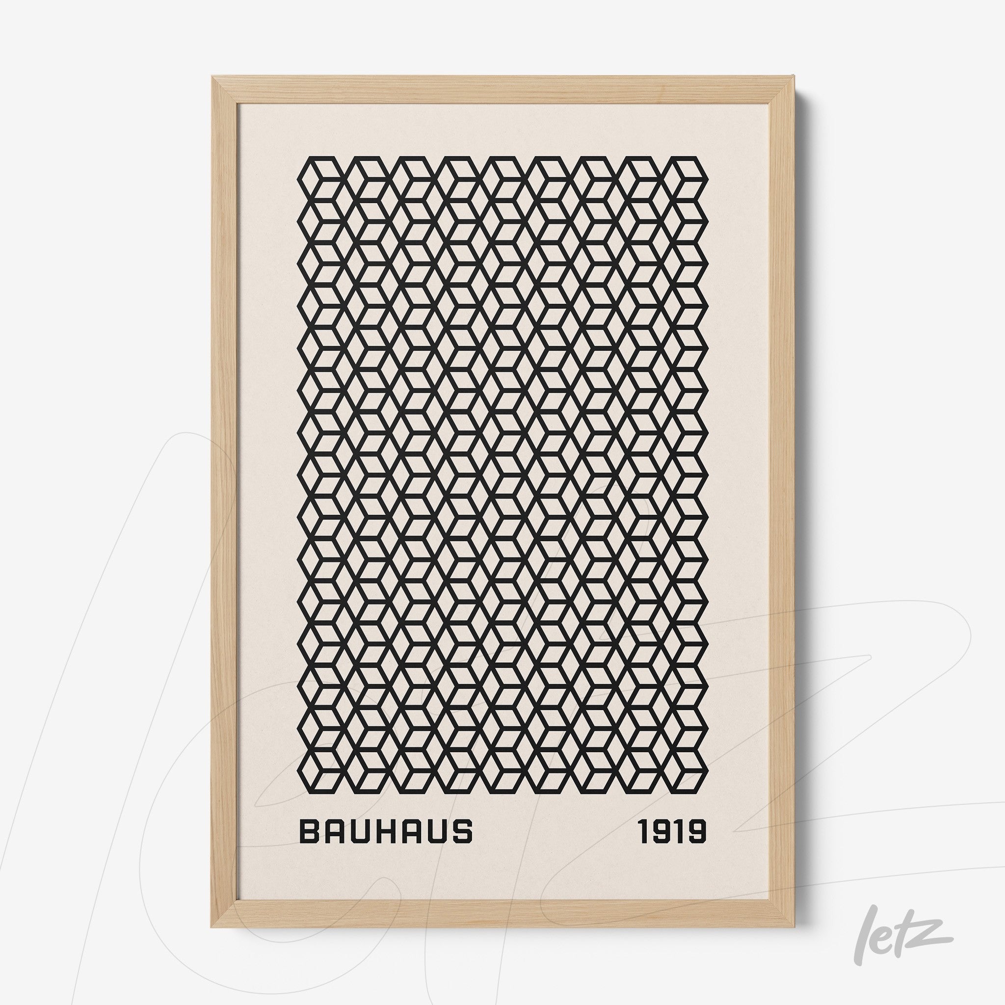 Bauhaus style geometric pattern framed art with light wood frame