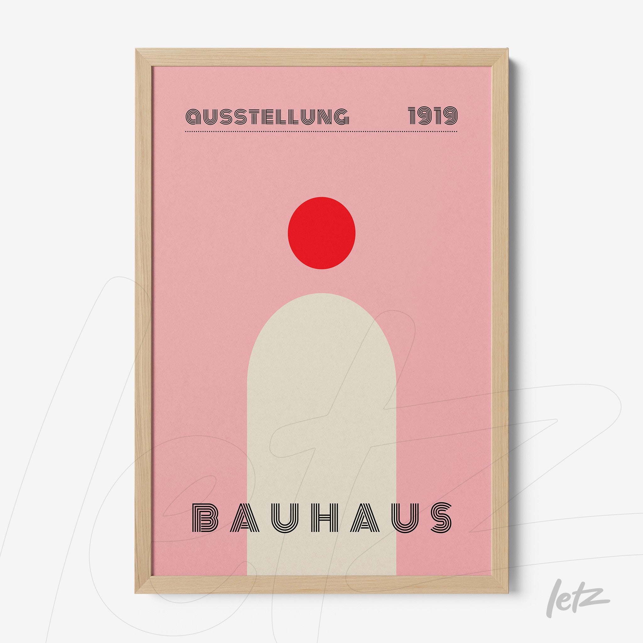minimalist Bauhaus style artwork with geometric shape in light wood frame