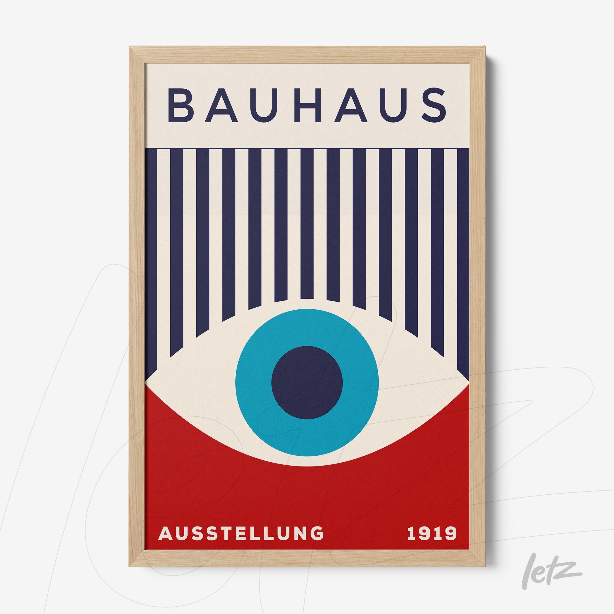 bauhaus style art with geometric shapes and text on red and blue background, framed in light wood