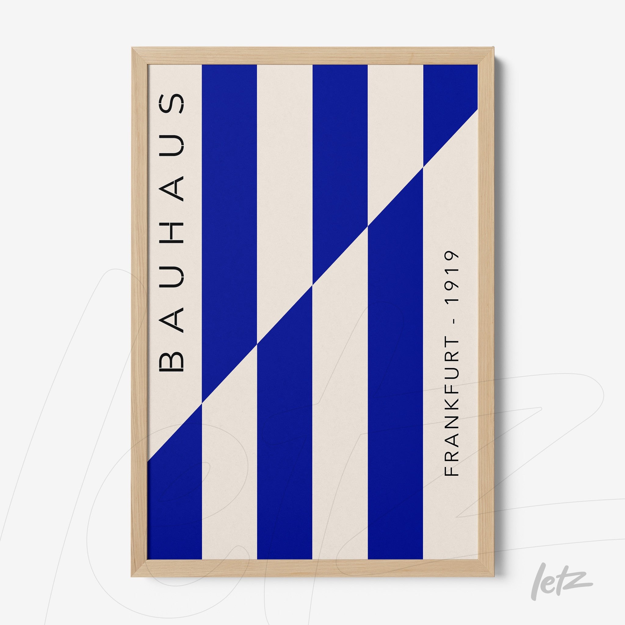 bauhaus style art with vertical blue and white stripes and side text in light wooden frame