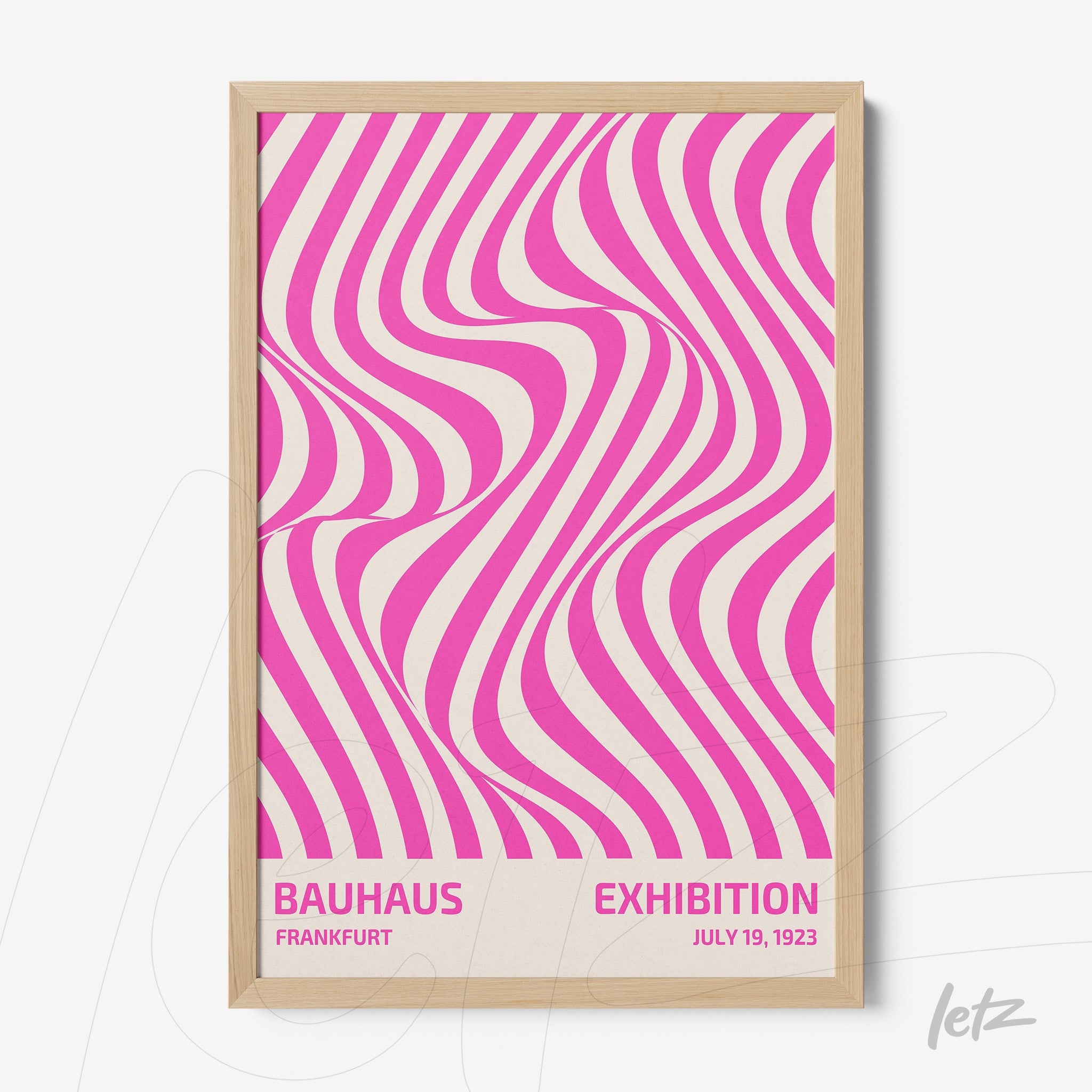 poster with abstract art inspired by the bauhaus movement in a light wood frame