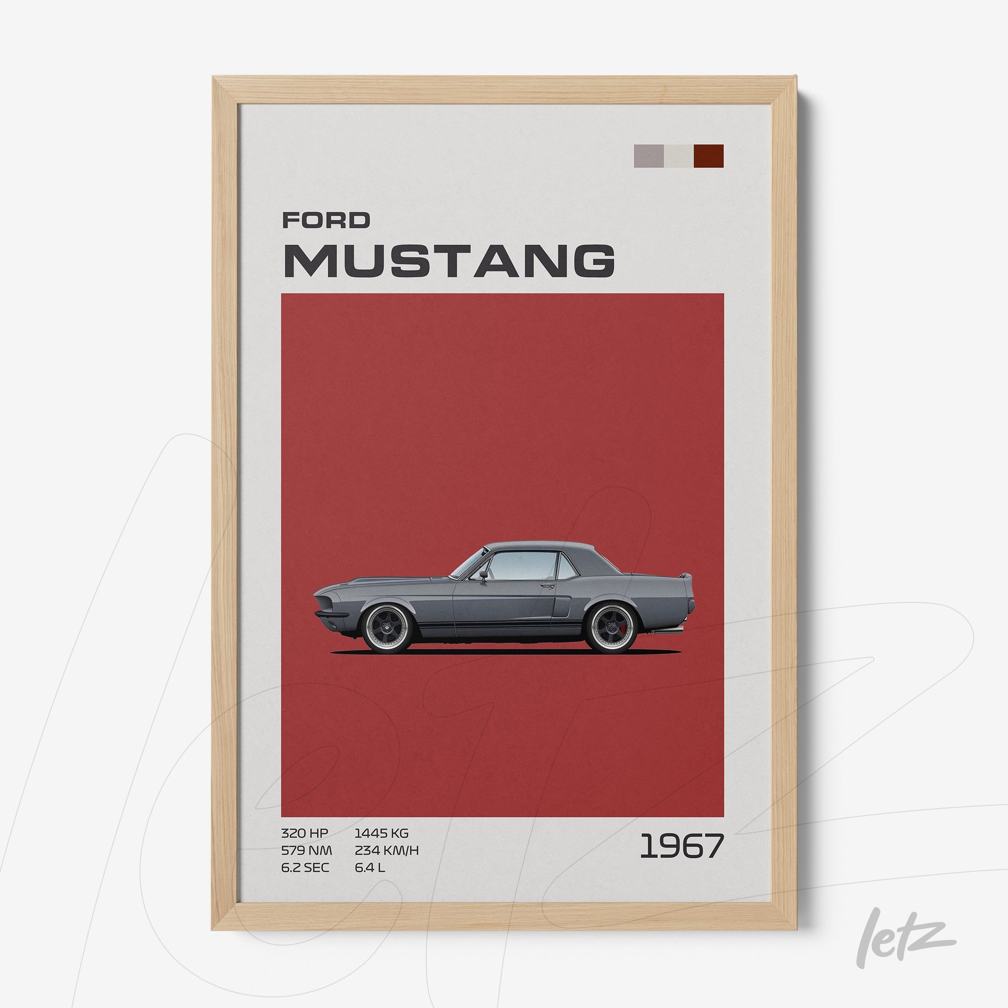 framed wall art featuring an illustration of the 1967 Ford Mustang against a red background