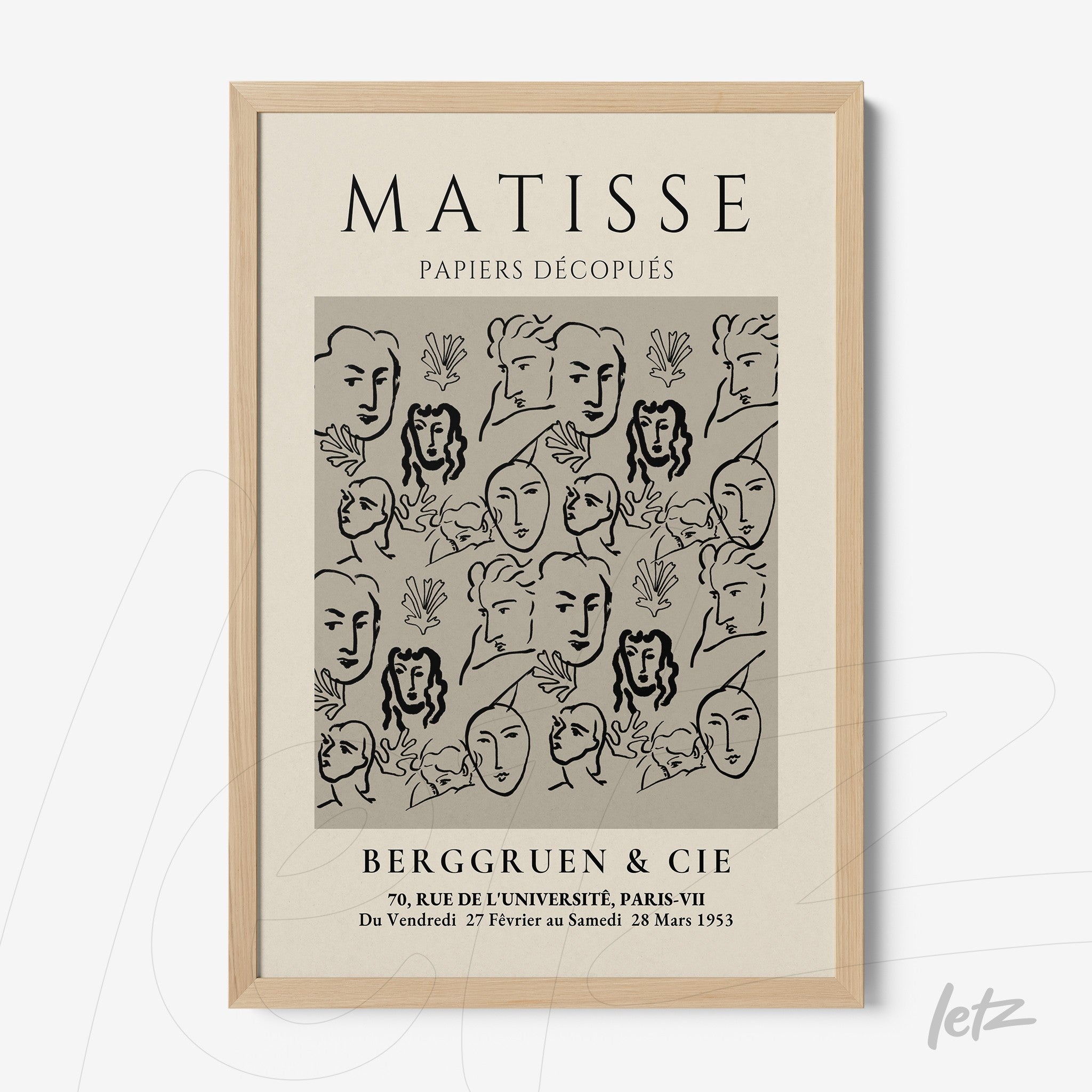 framed artwork by Matisse featuring faces and plants in neutral tones
