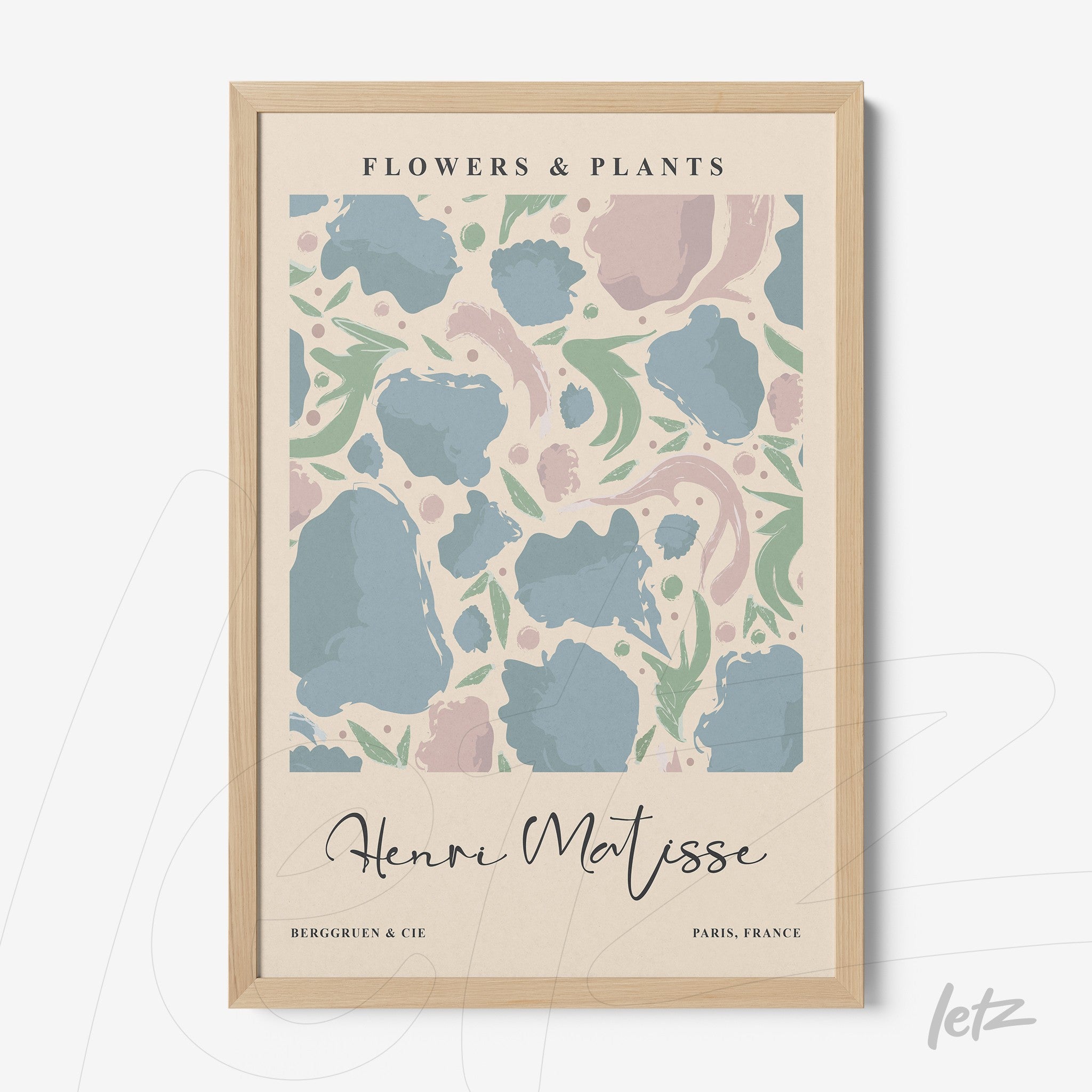 framed wall art featuring abstract flower design in pastel colors with light wood frame